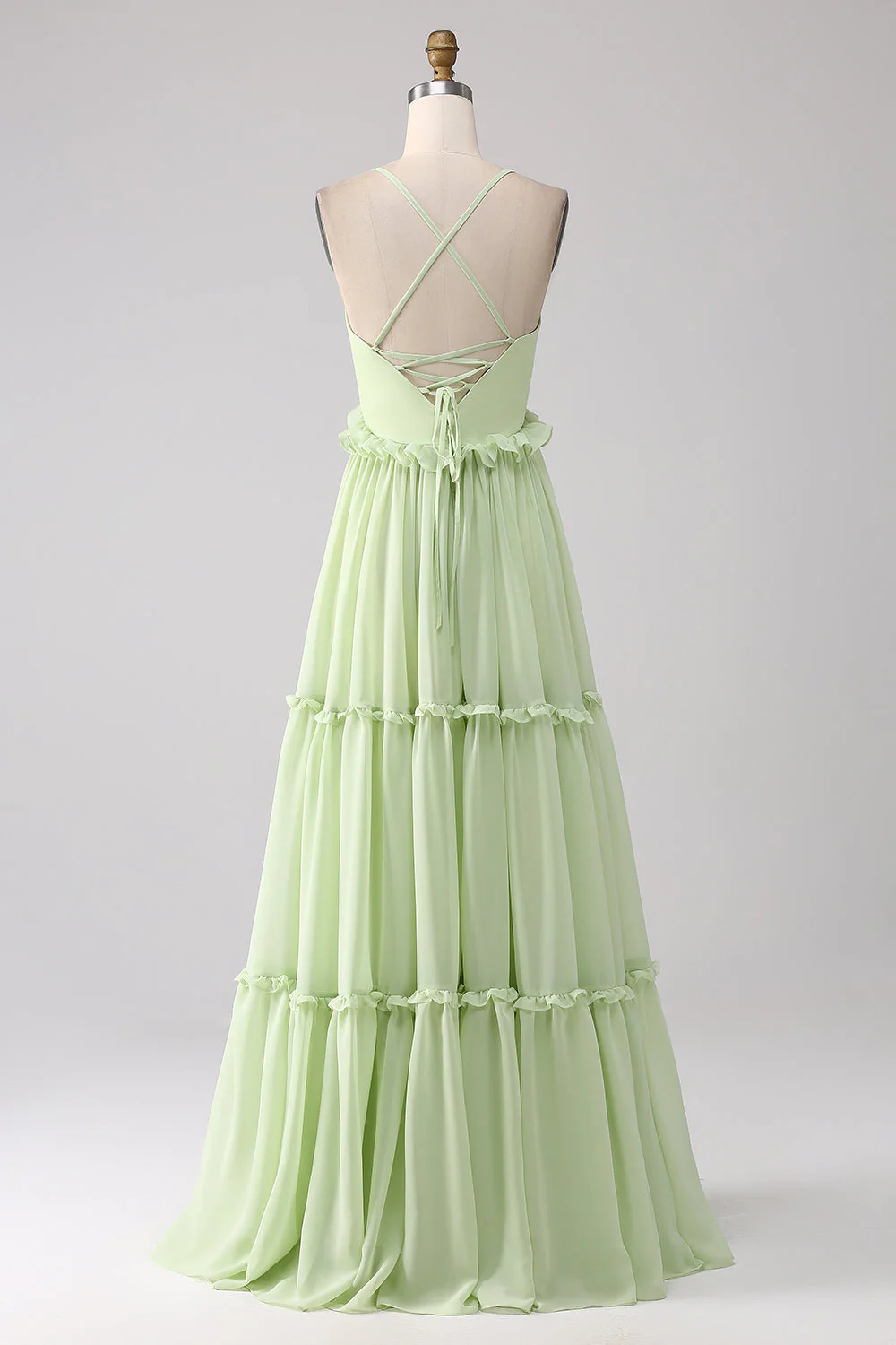 Green A Line Ruffles Long Bridesmaid Dress with Lace-up Back - Image 4