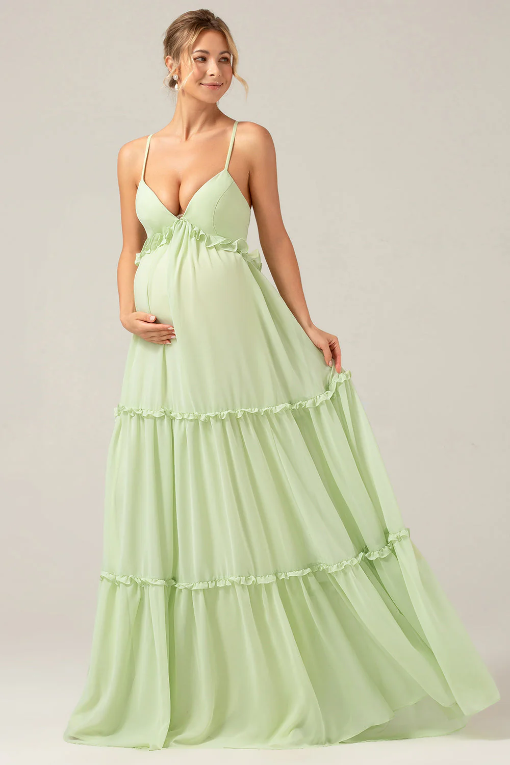 Green A Line Ruffles Long Bridesmaid Dress with Lace-up Back - Image 5