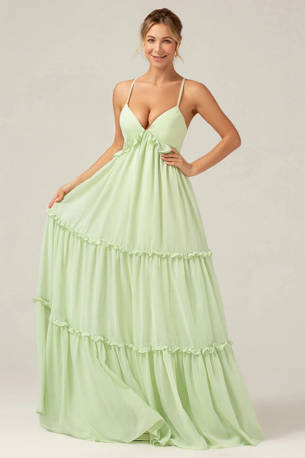 Green A Line Ruffles Long Bridesmaid Dress with Lace-up Back - Image 6