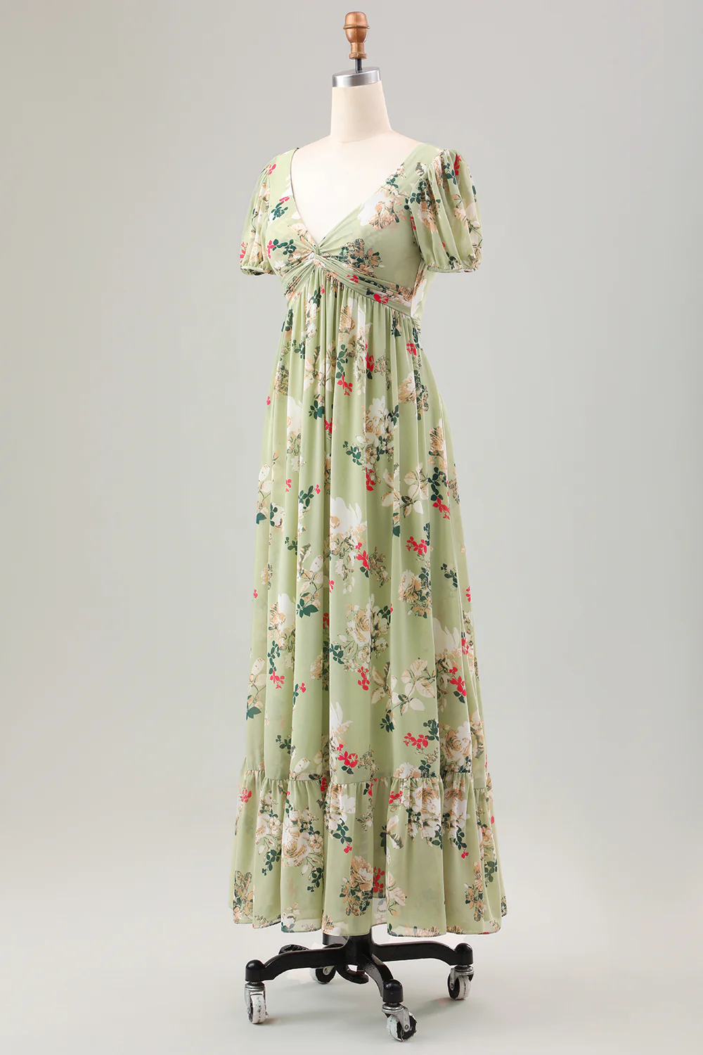 Green Flower A Line V Neck Tea Length Wedding Guest Dress with Short Sleeves - Image 5