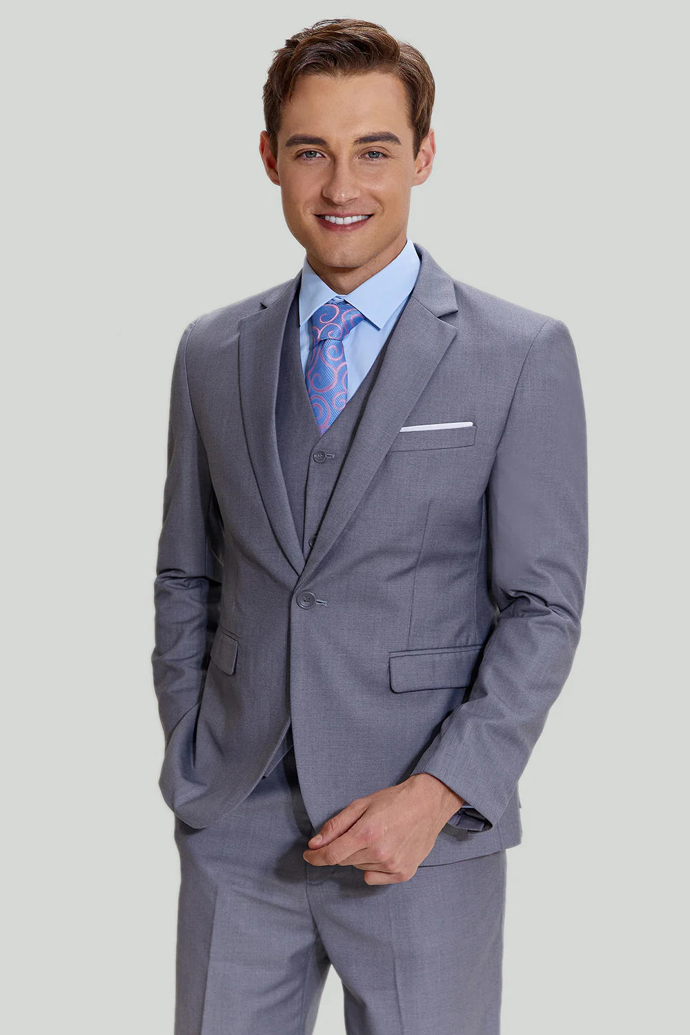 Grey Men's 3 Piece Notched Lapel Prom Suits - Image 4