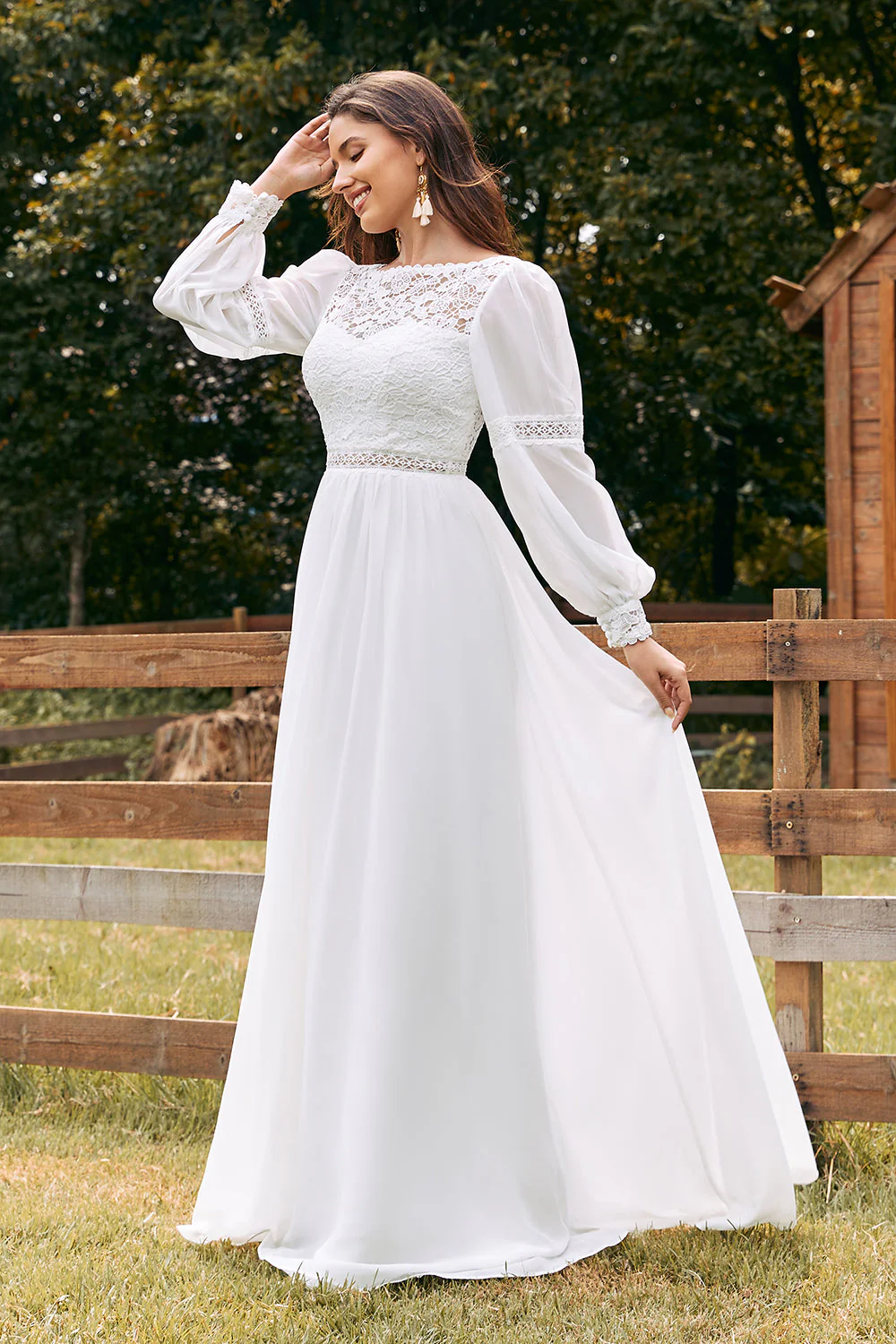 Ivory Bateau Chiffon Long Boho Wedding Dress with Lace - Image 3