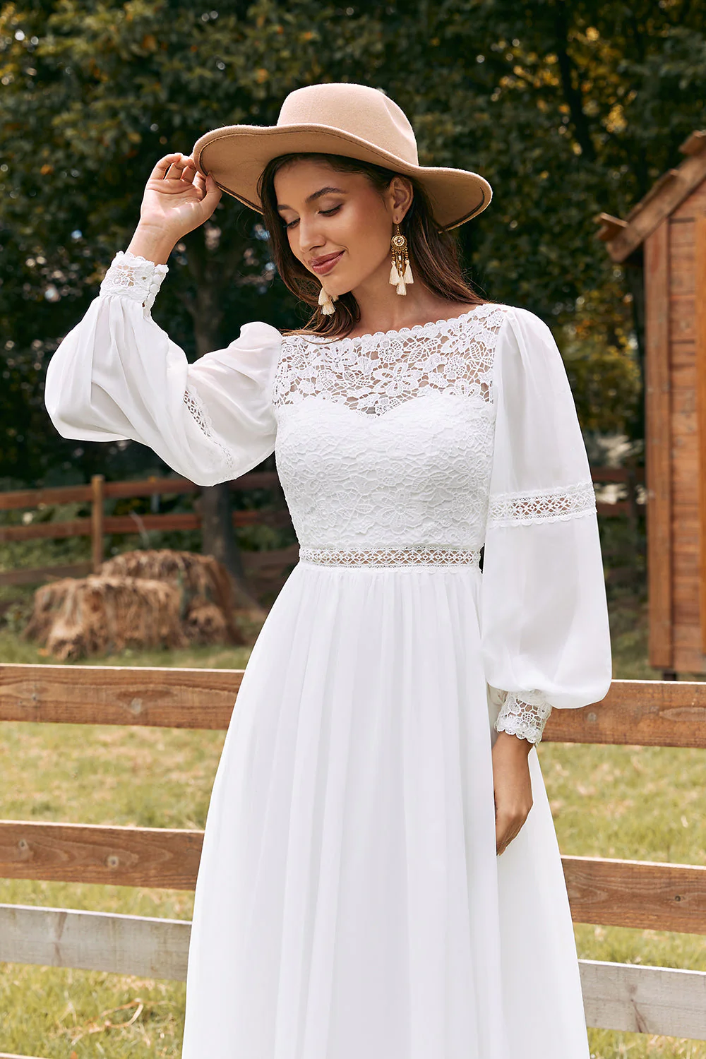 Ivory Bateau Chiffon Long Boho Wedding Dress with Lace - Image 4