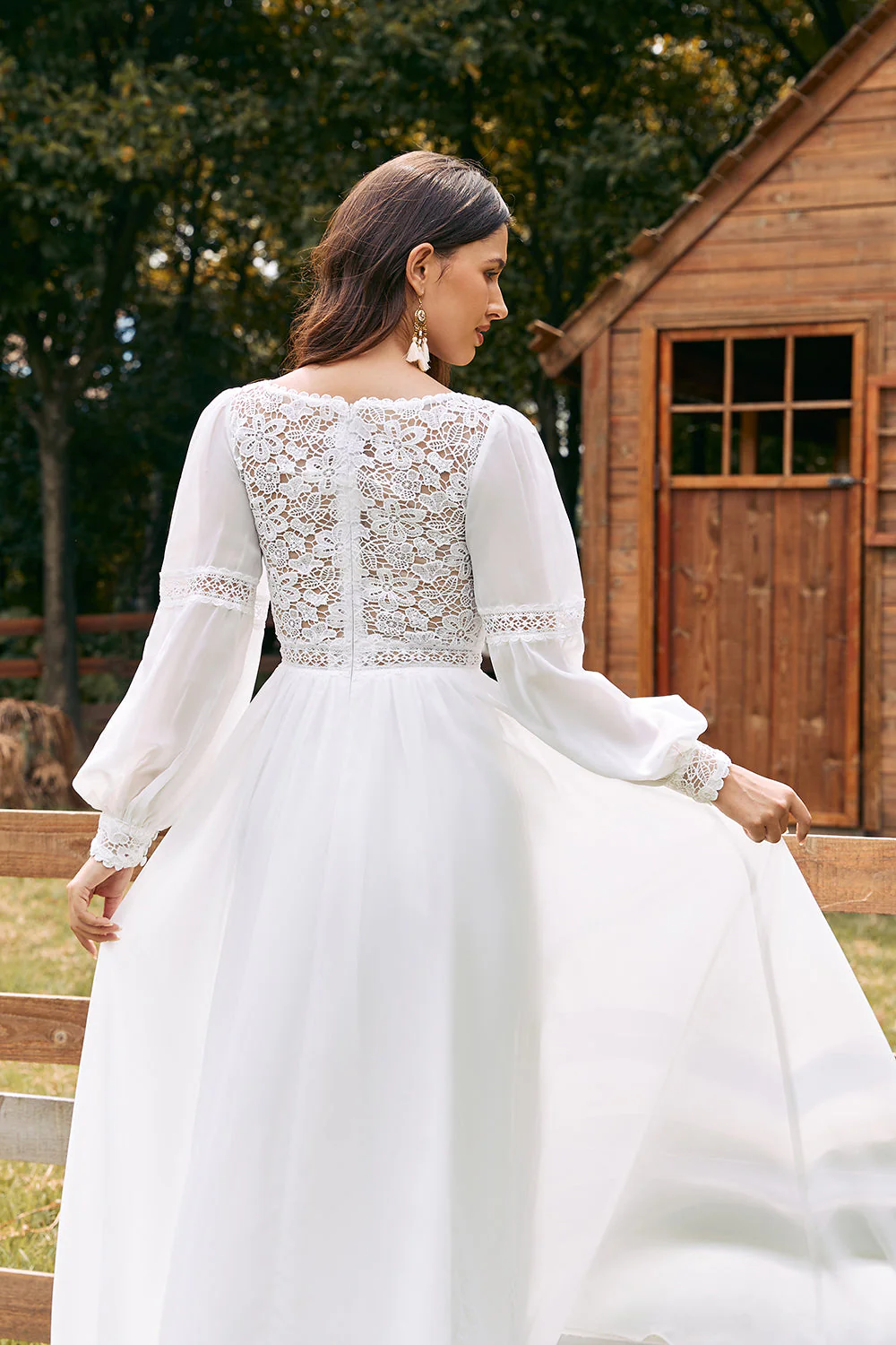 Ivory Bateau Chiffon Long Boho Wedding Dress with Lace - Image 5