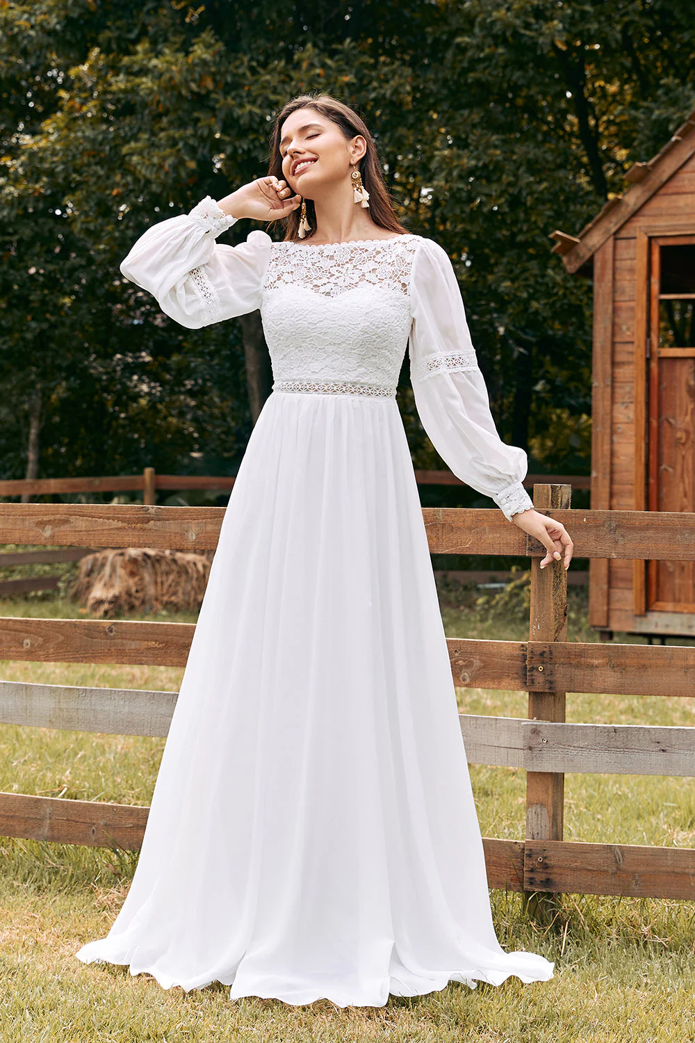 Ivory Bateau Chiffon Long Boho Wedding Dress with Lace - Image 6
