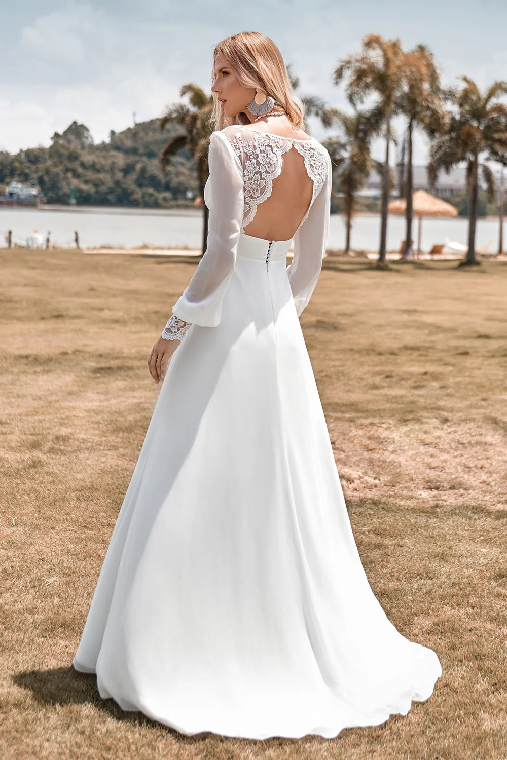 Ivory Boho Simple Sheath Long Sleeves Wedding Dress with Lace - Image 2
