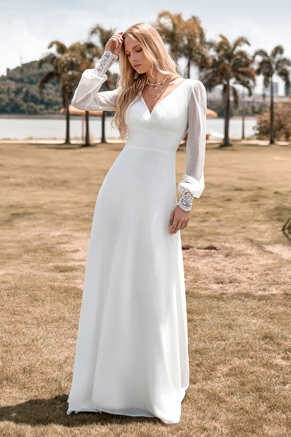 Ivory Boho Simple Sheath Long Sleeves Wedding Dress with Lace - Image 3
