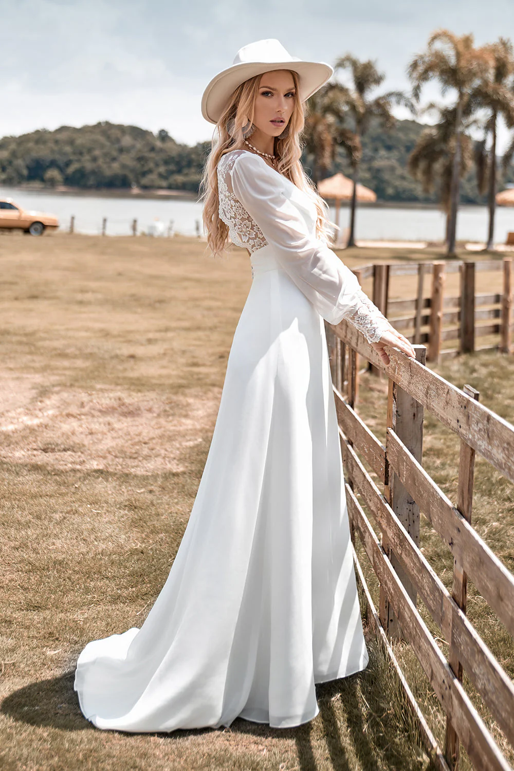Ivory Boho Simple Sheath Long Sleeves Wedding Dress with Lace - Image 4