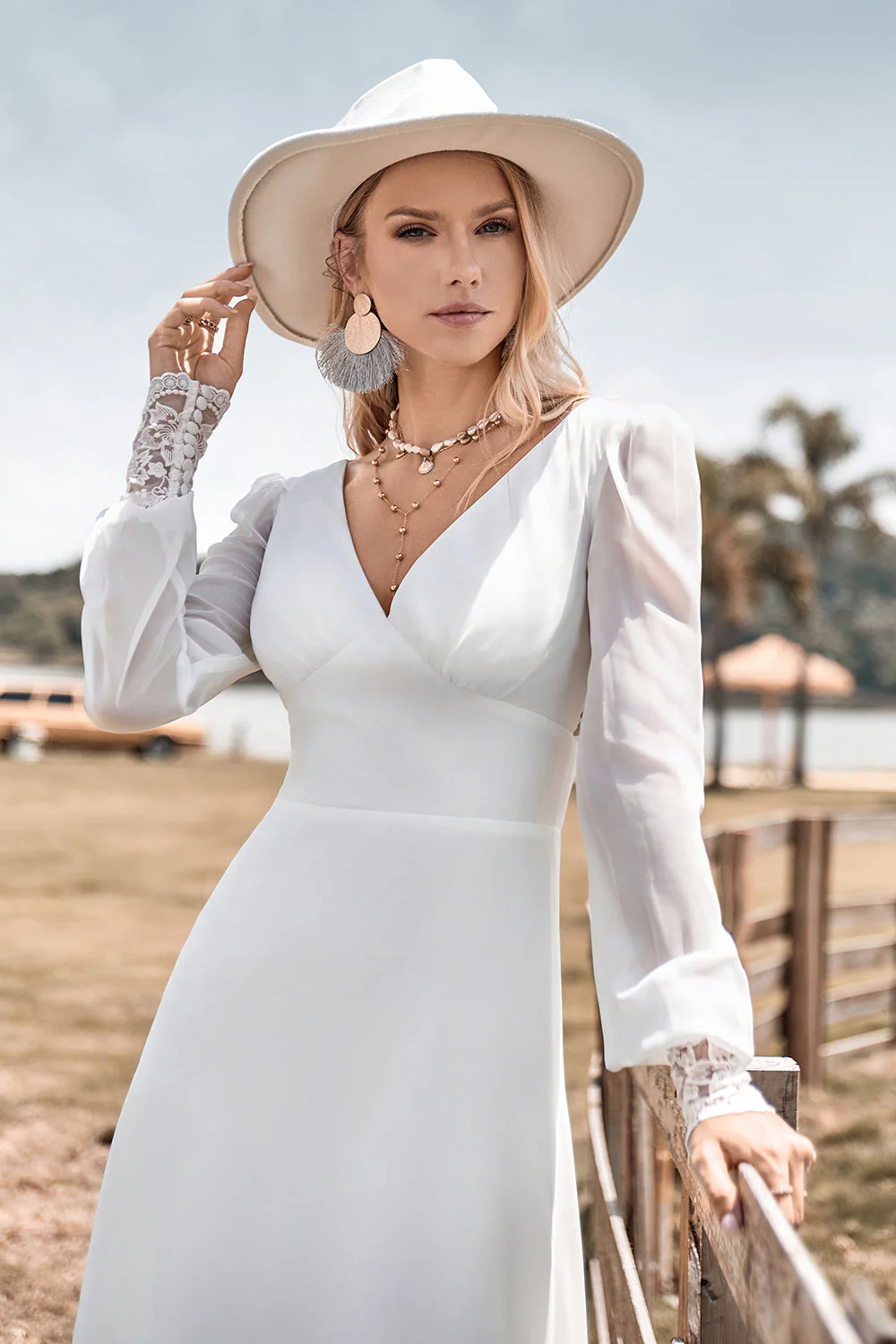 Ivory Boho Simple Sheath Long Sleeves Wedding Dress with Lace - Image 5