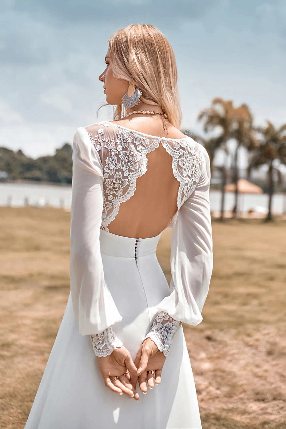 Ivory Boho Simple Sheath Long Sleeves Wedding Dress with Lace - Image 6