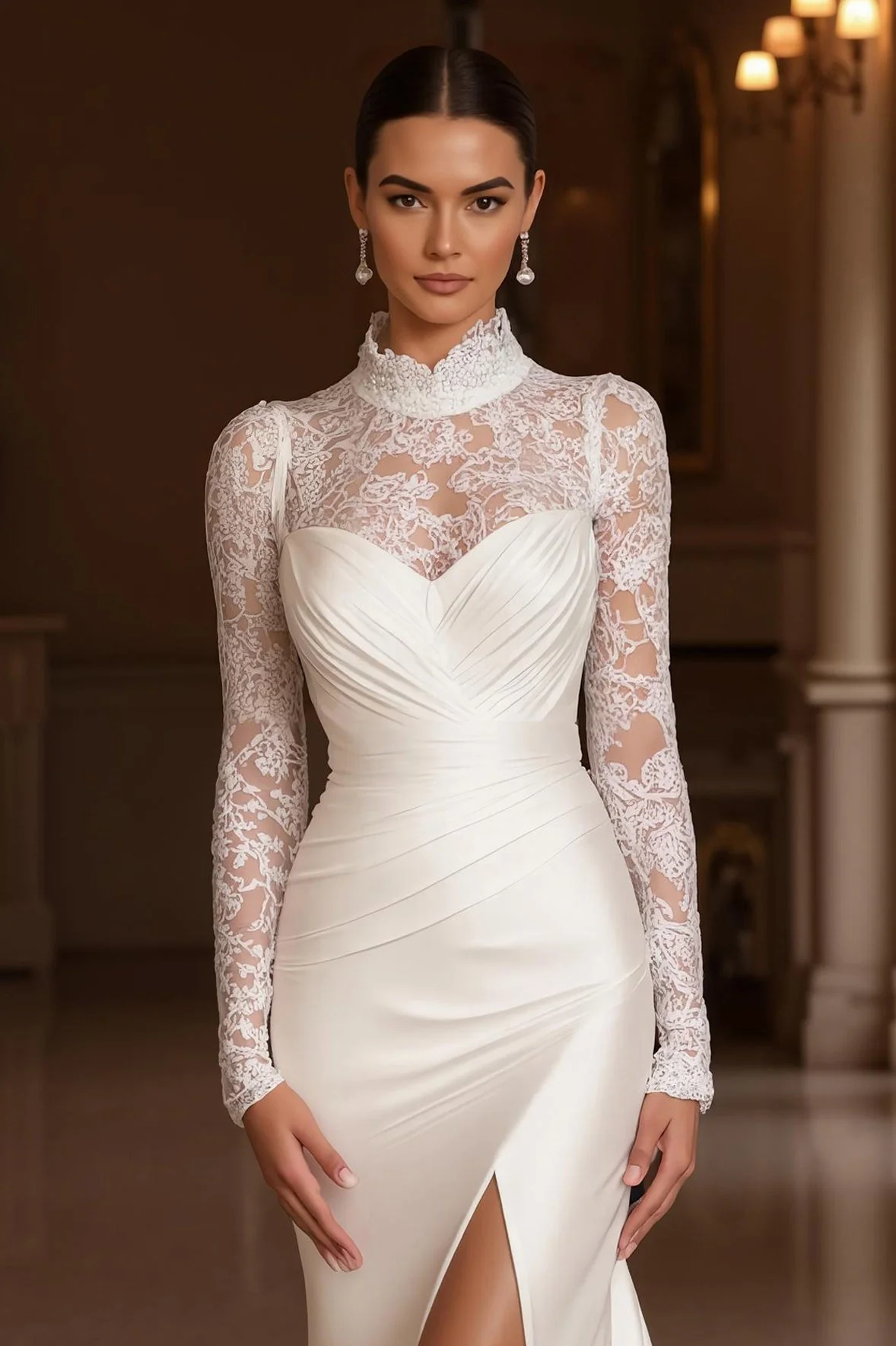 Ivory Mermaid High Neck Long Sleeve Court Train Wedding Dress With Lace - Image 3