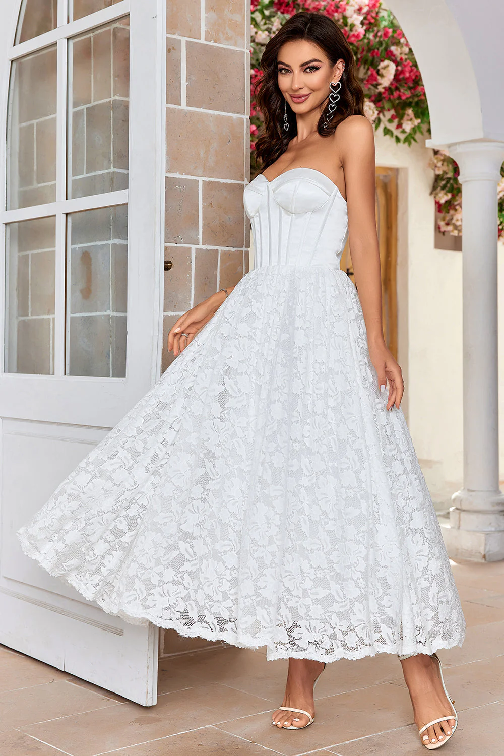 Ivory Strapless Corset Tea-Length Wedding Dress with Lace - Image 4