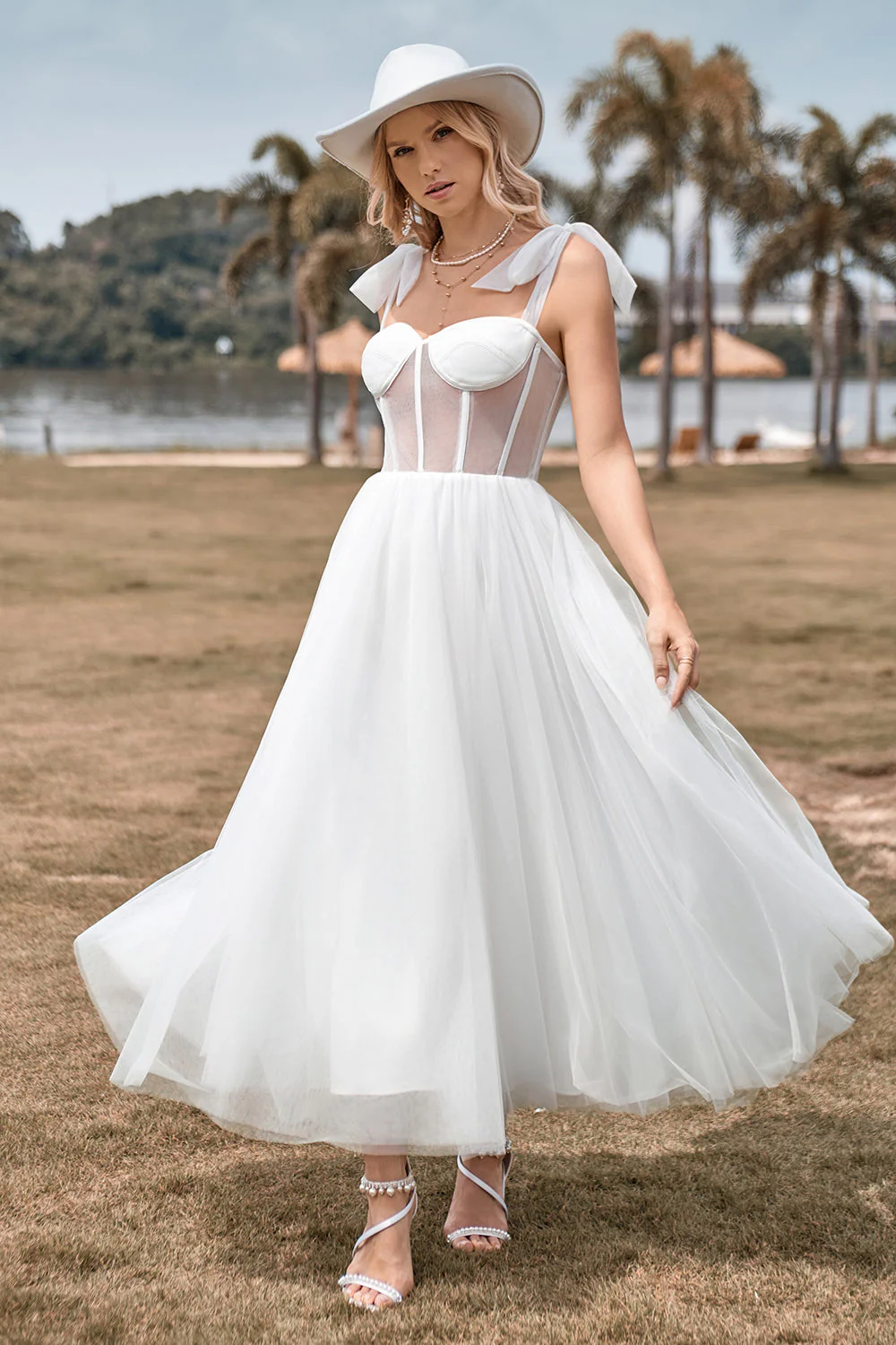 Ivory Tulle Corset Tea-Length A Line Wedding Dress - Image 4