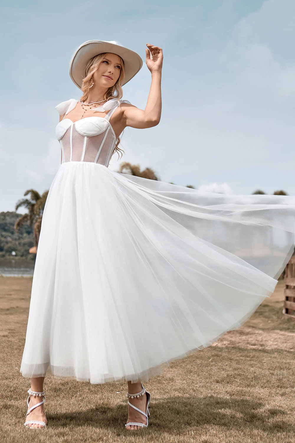 Ivory Tulle Corset Tea-Length A Line Wedding Dress - Image 5