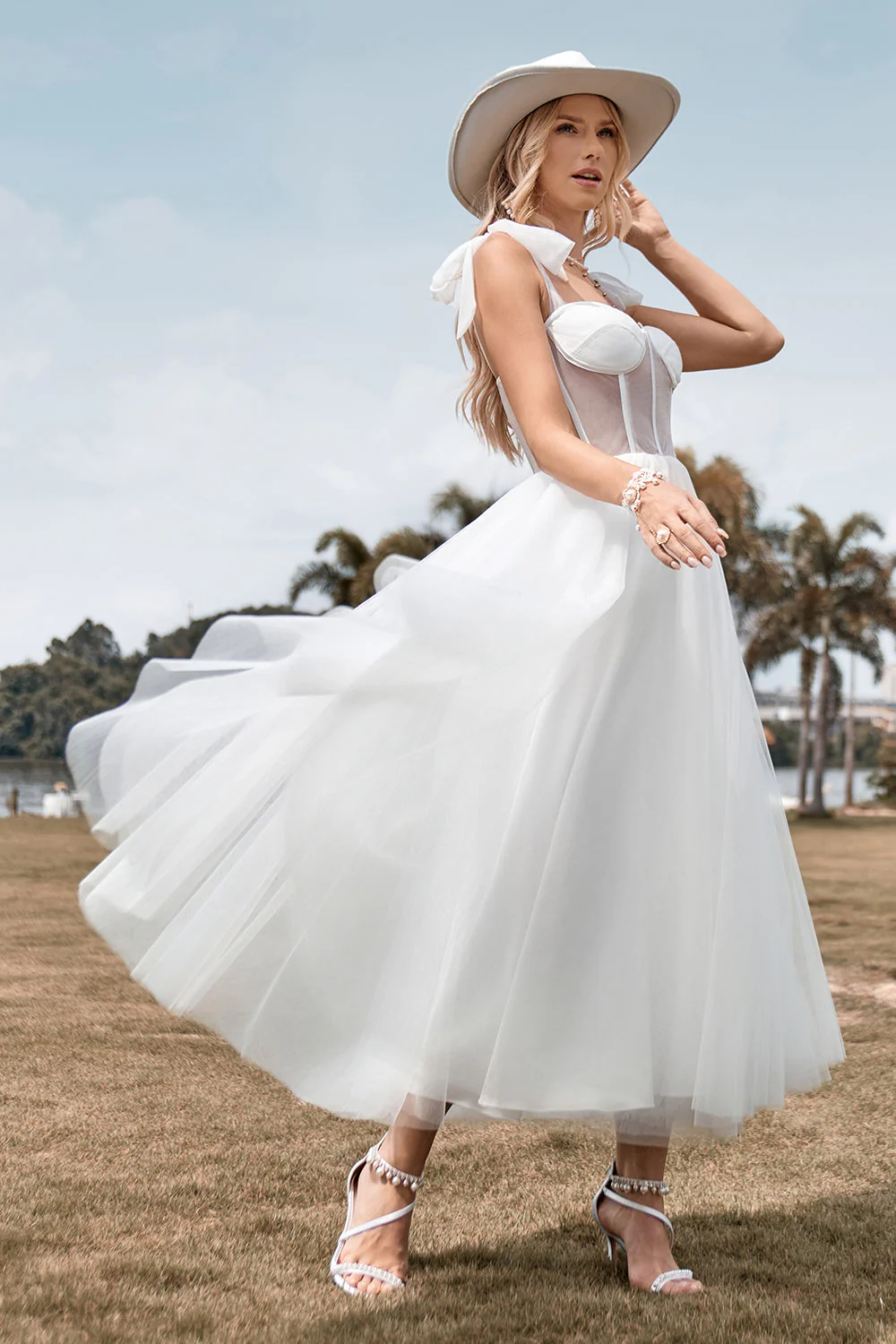 Ivory Tulle Corset Tea-Length A Line Wedding Dress - Image 6