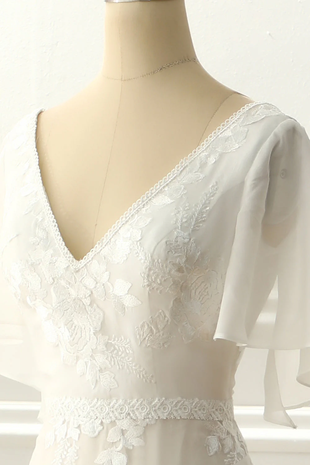 Ivory V Neck A Line Long Wedding Dress With Appliques - Image 3