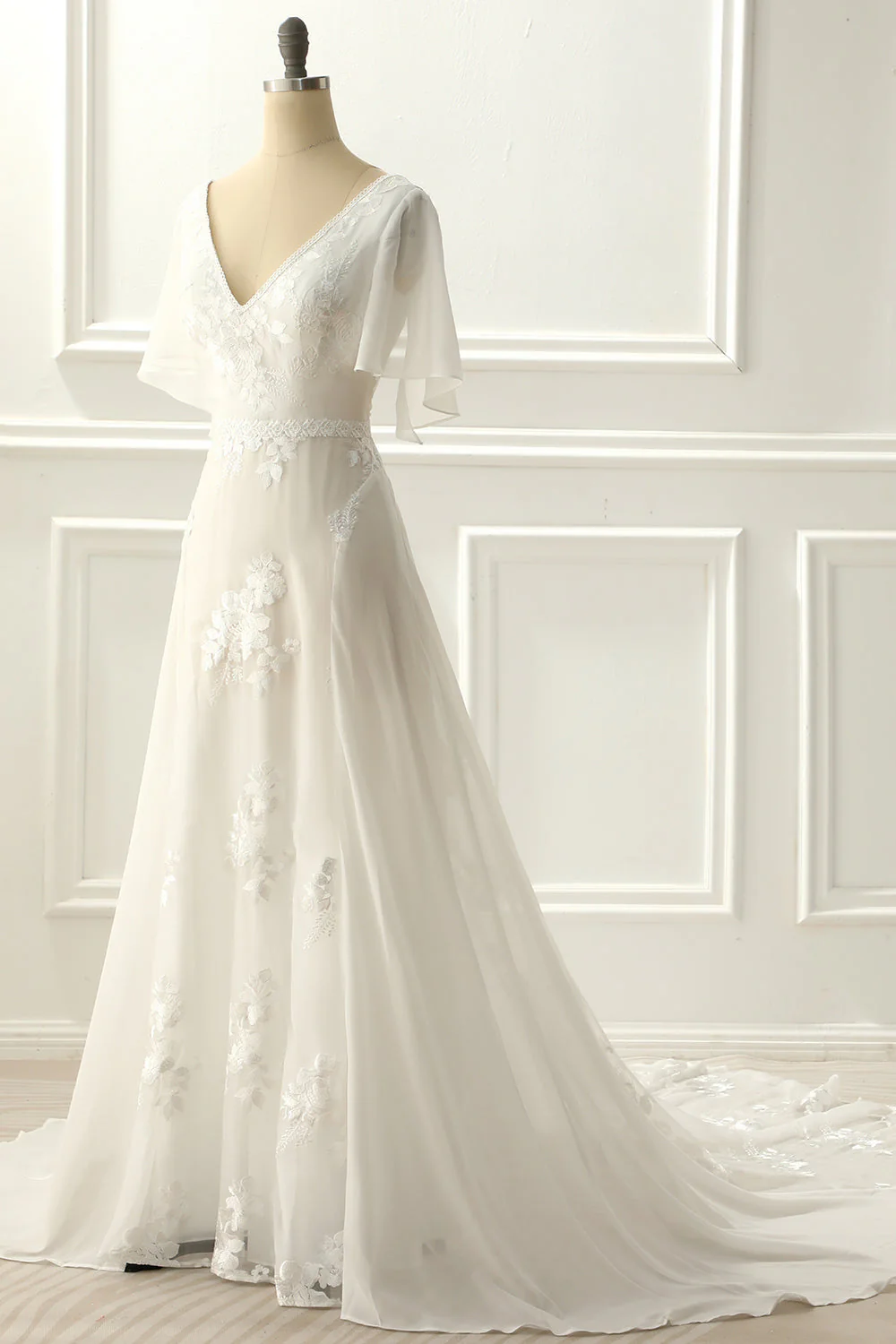 Ivory V Neck A Line Long Wedding Dress With Appliques - Image 4