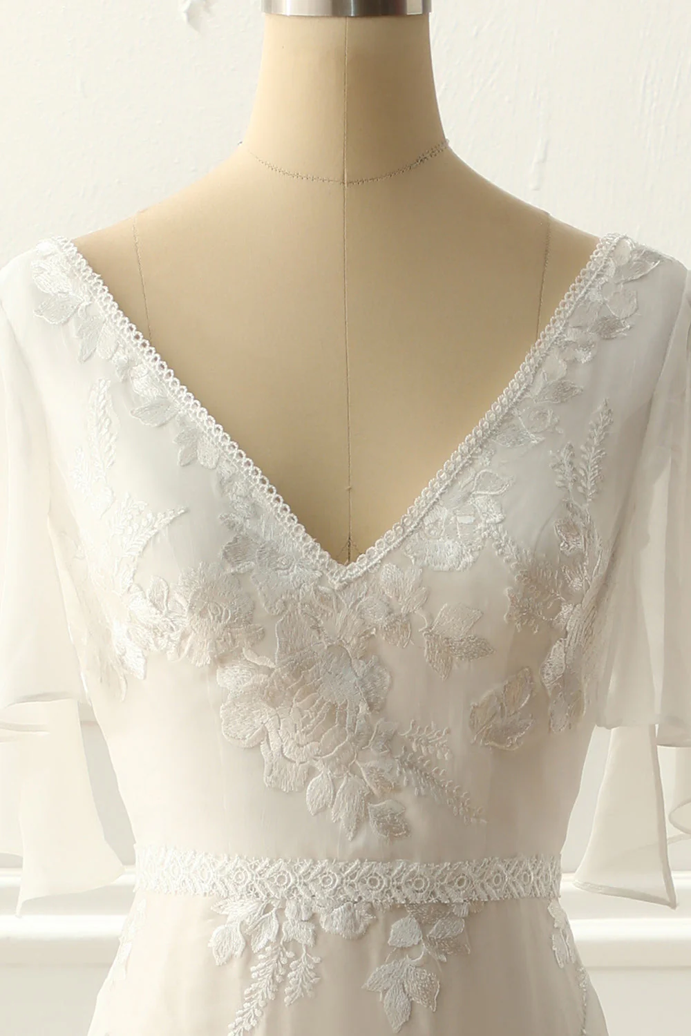 Ivory V Neck A Line Long Wedding Dress With Appliques - Image 6