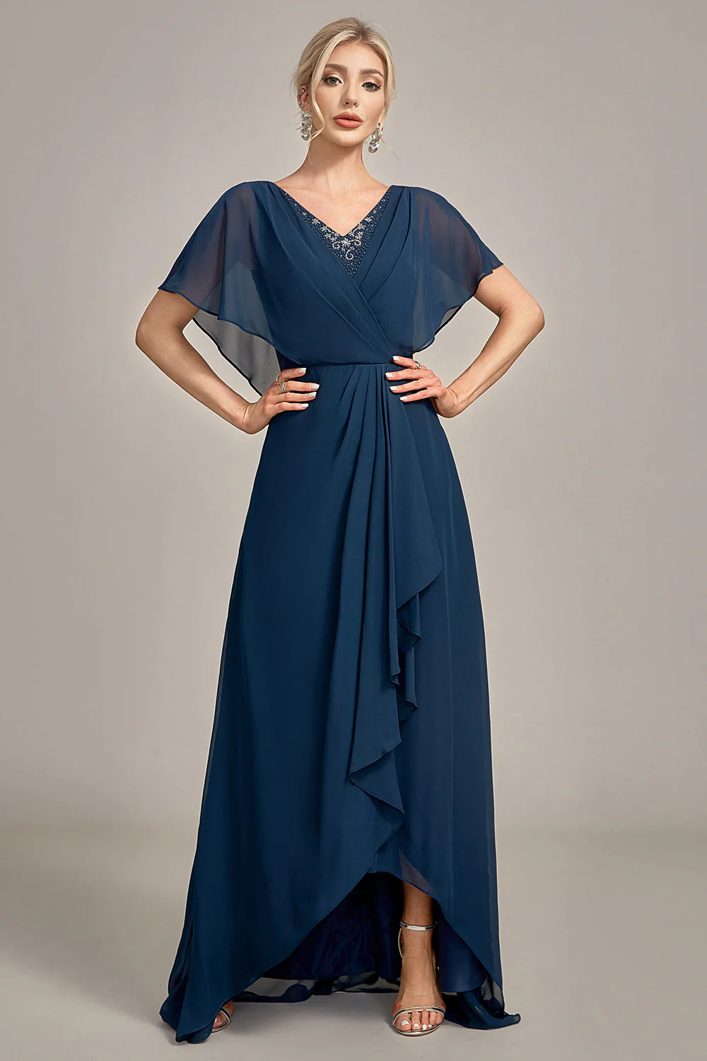 Navy A-Line Asymmetrical Sequins Mother of the Bride Dress With Beading - Image 3