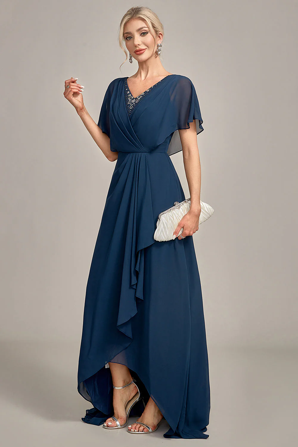 Navy A-Line Asymmetrical Sequins Mother of the Bride Dress With Beading - Image 4