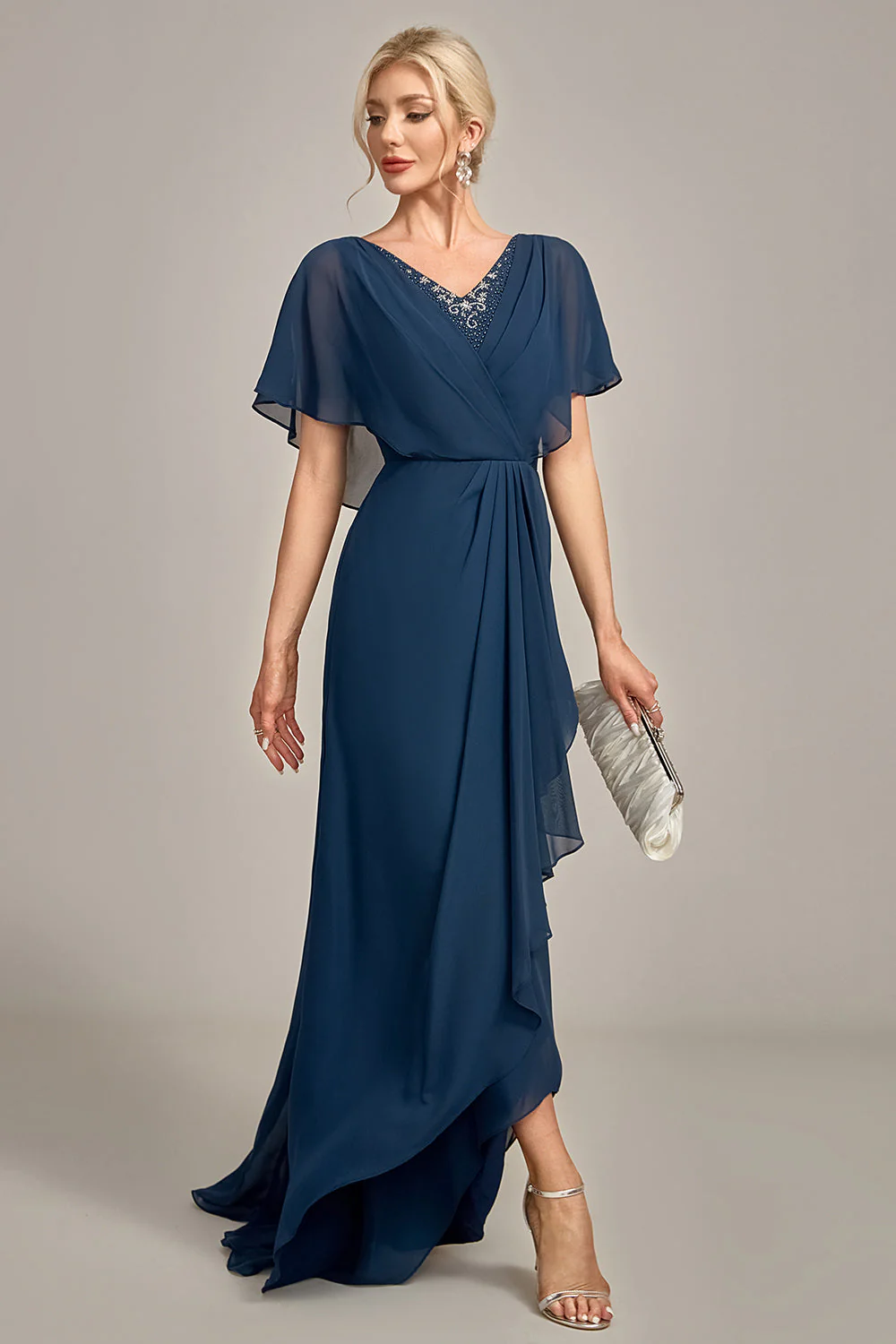Navy A-Line Asymmetrical Sequins Mother of the Bride Dress With Beading - Image 5