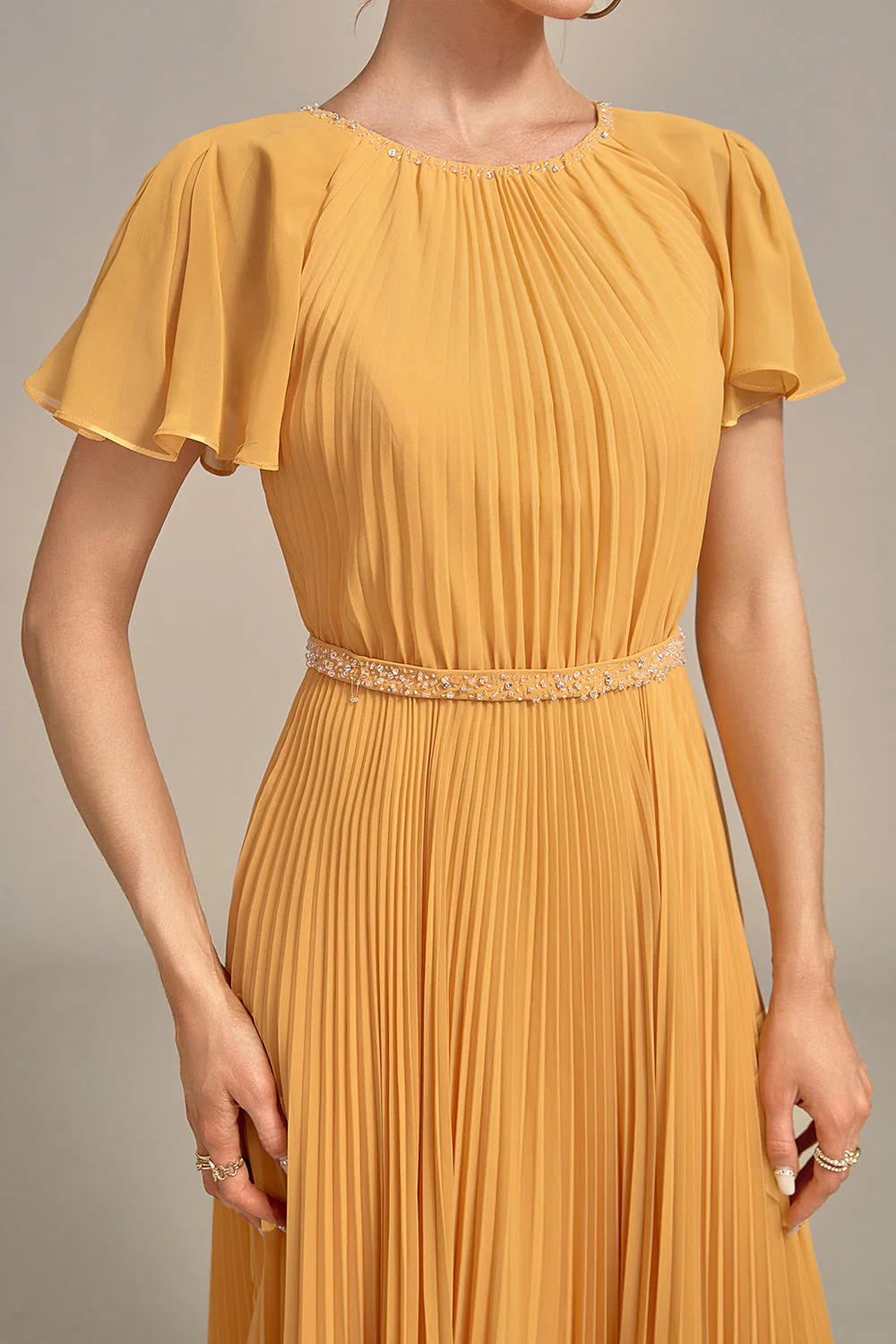 Navy A-Line Round Neck Pleated Mother of Bride Dress With Short Sleeves - Image 10