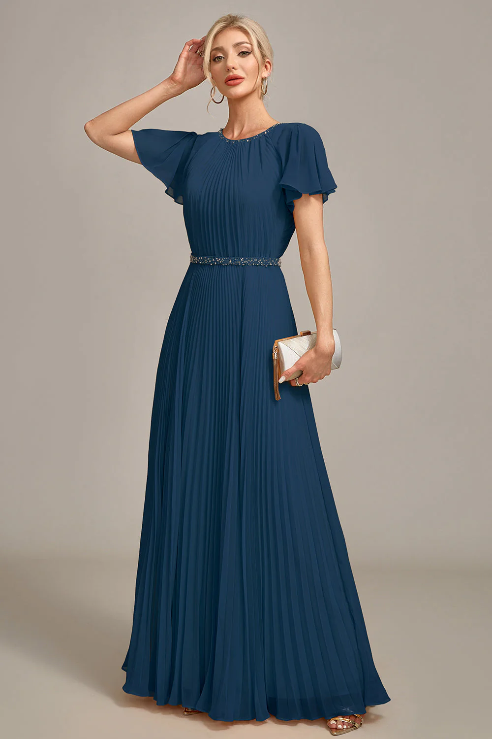 Navy A-Line Round Neck Pleated Mother of Bride Dress With Short Sleeves - Image 3