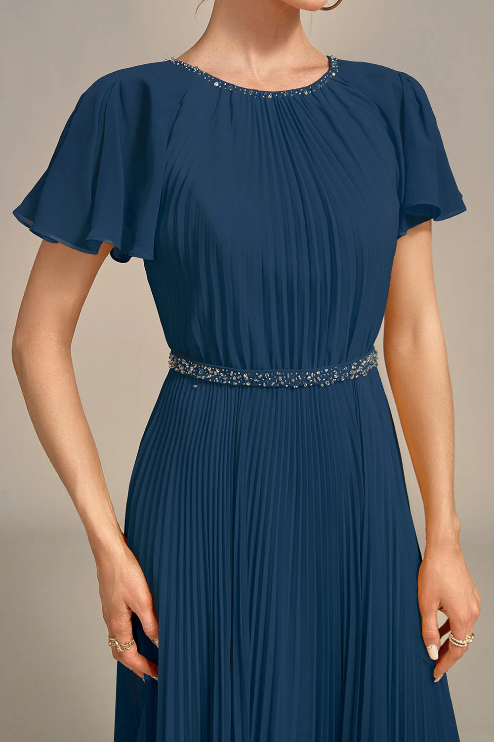 Navy A-Line Round Neck Pleated Mother of Bride Dress With Short Sleeves - Image 4