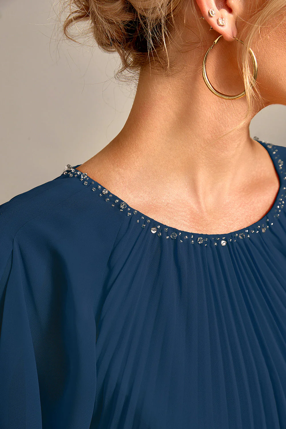 Navy A-Line Round Neck Pleated Mother of Bride Dress With Short Sleeves - Image 5