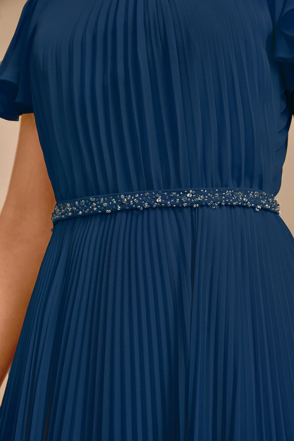 Navy A-Line Round Neck Pleated Mother of Bride Dress With Short Sleeves - Image 6