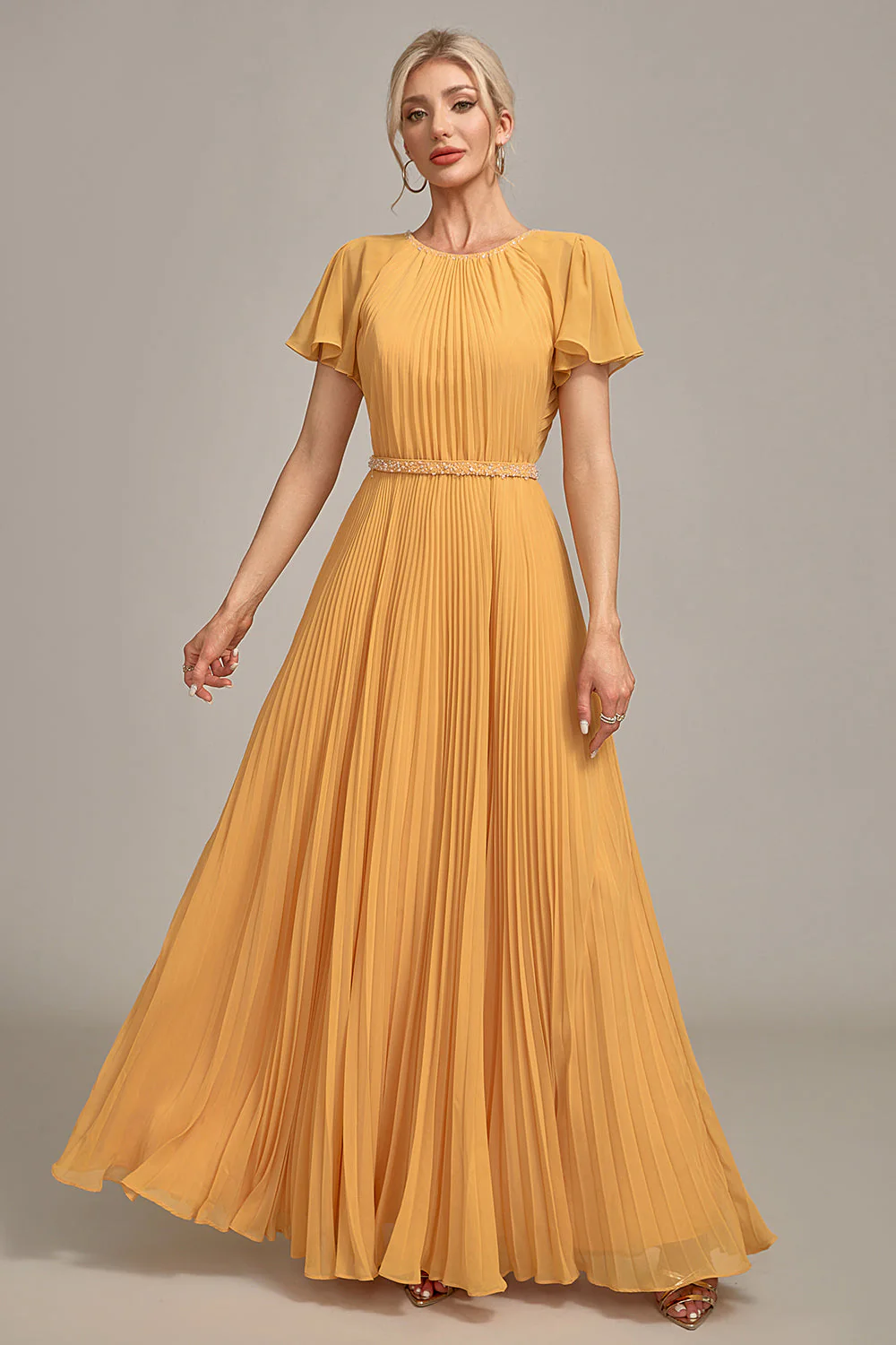 Navy A-Line Round Neck Pleated Mother of Bride Dress With Short Sleeves - Image 7