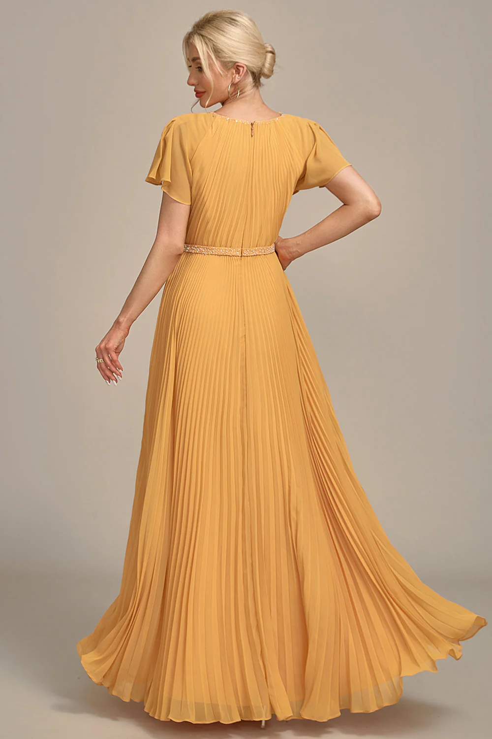 Navy A-Line Round Neck Pleated Mother of Bride Dress With Short Sleeves - Image 8
