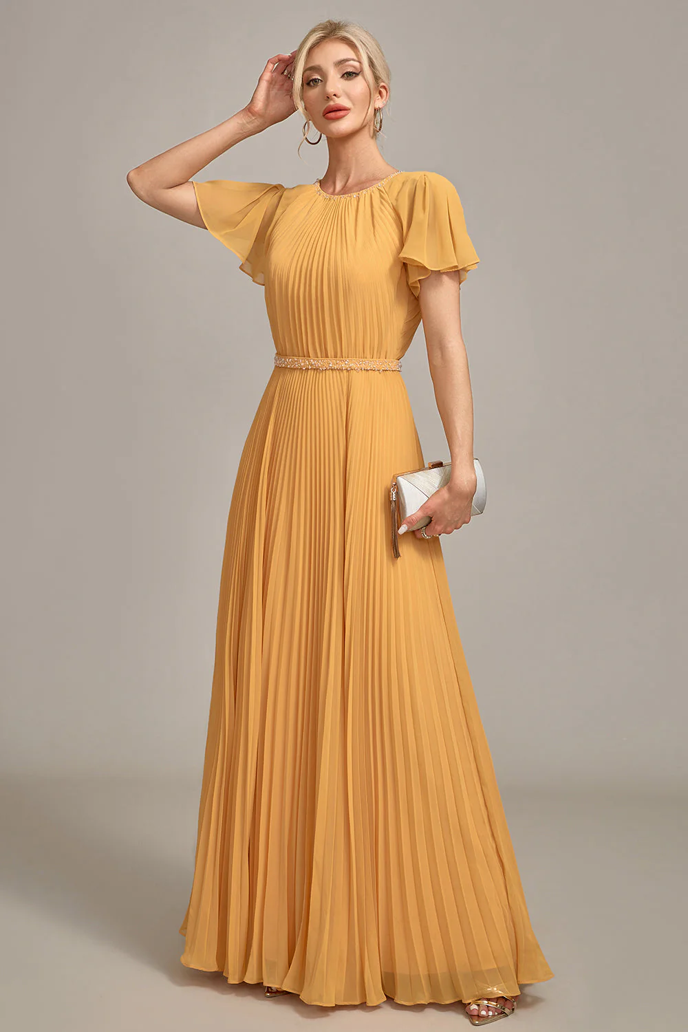 Navy A-Line Round Neck Pleated Mother of Bride Dress With Short Sleeves - Image 9