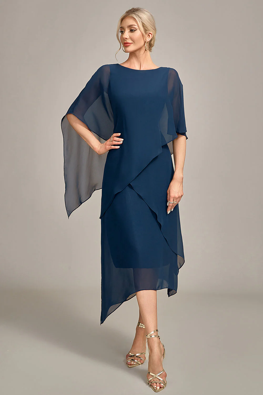 Navy Chiffon A-line Scoop Neck Mother of the Bride Dress - Image 3