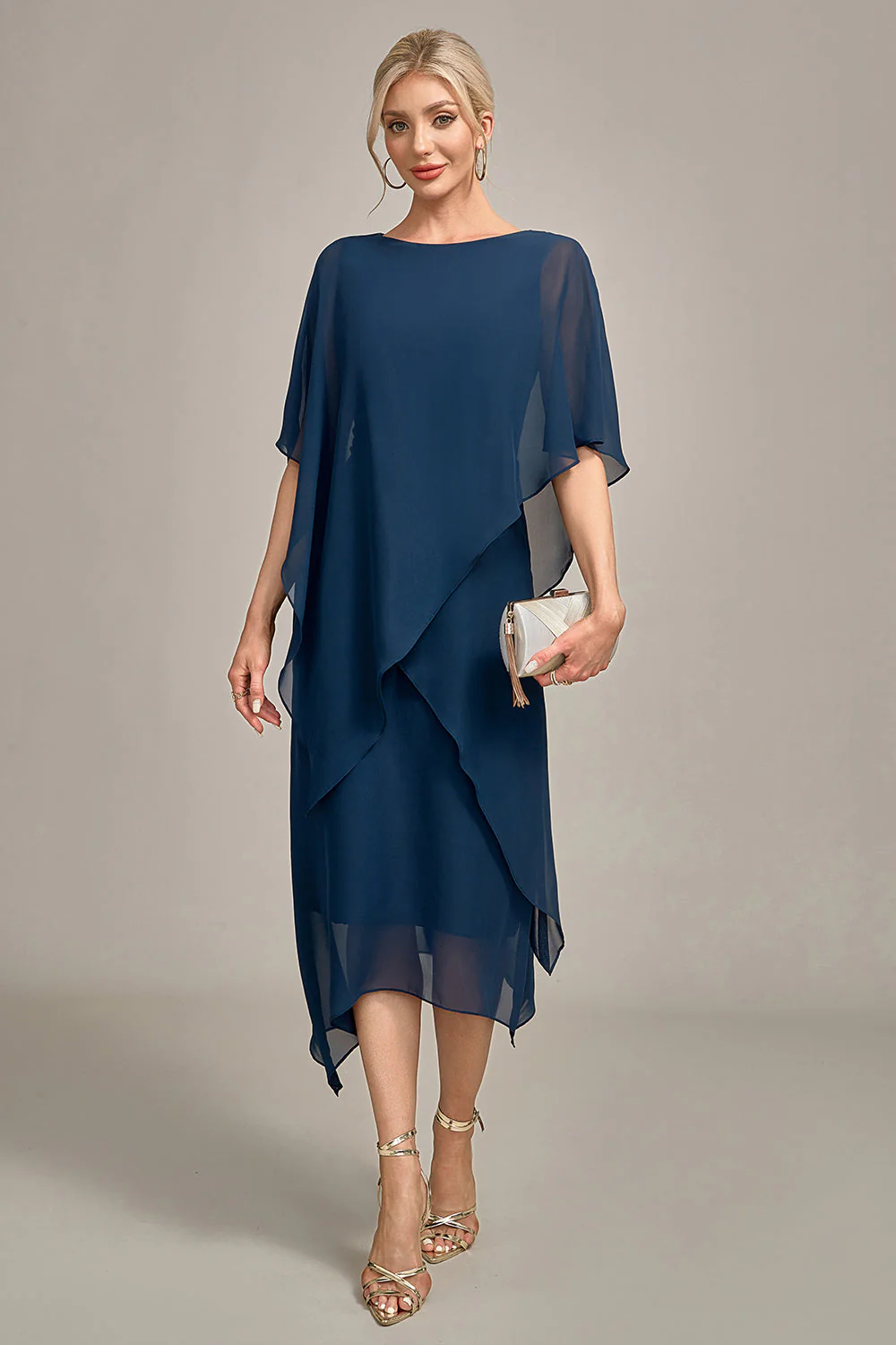 Navy Chiffon A-line Scoop Neck Mother of the Bride Dress - Image 4