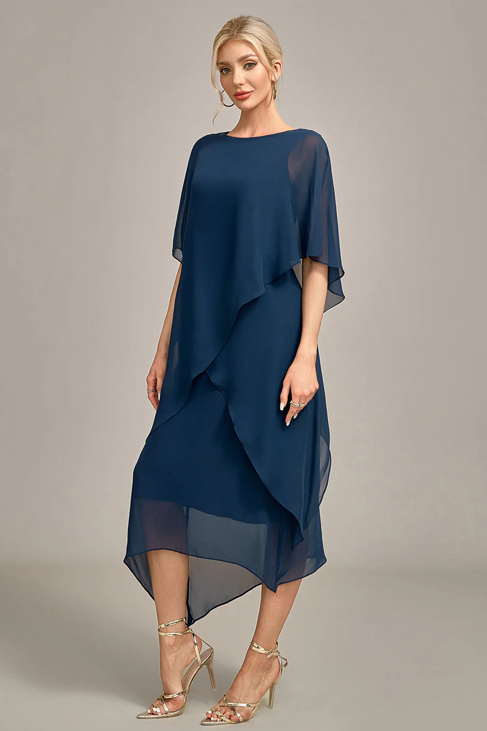 Navy Chiffon A-line Scoop Neck Mother of the Bride Dress - Image 5