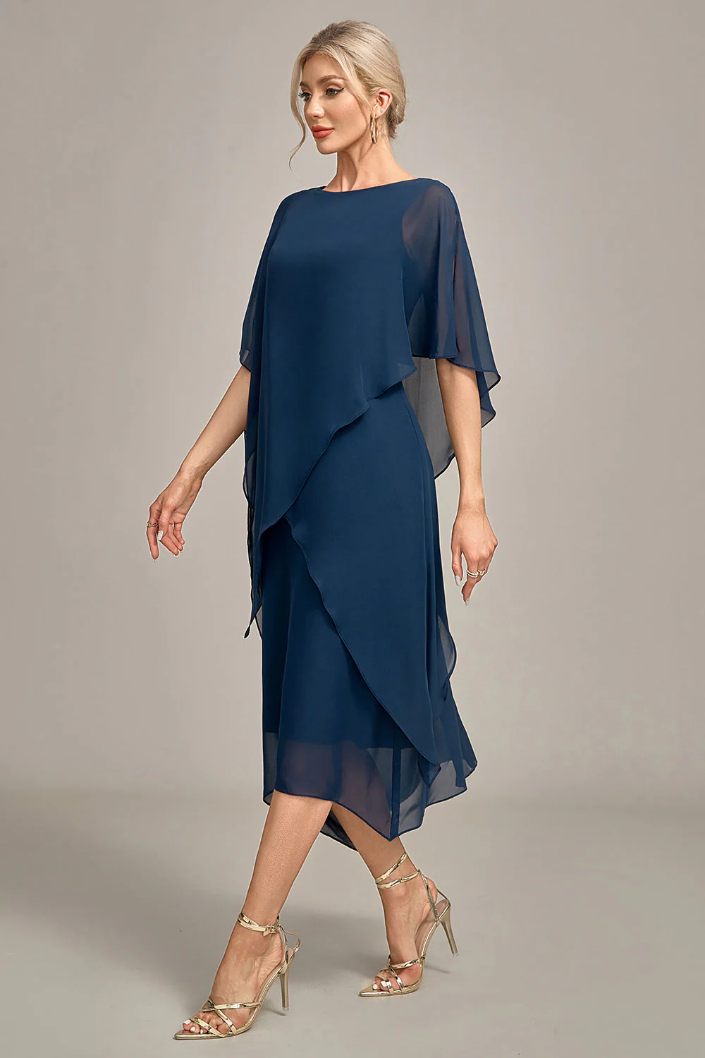 Navy Chiffon A-line Scoop Neck Mother of the Bride Dress - Image 6
