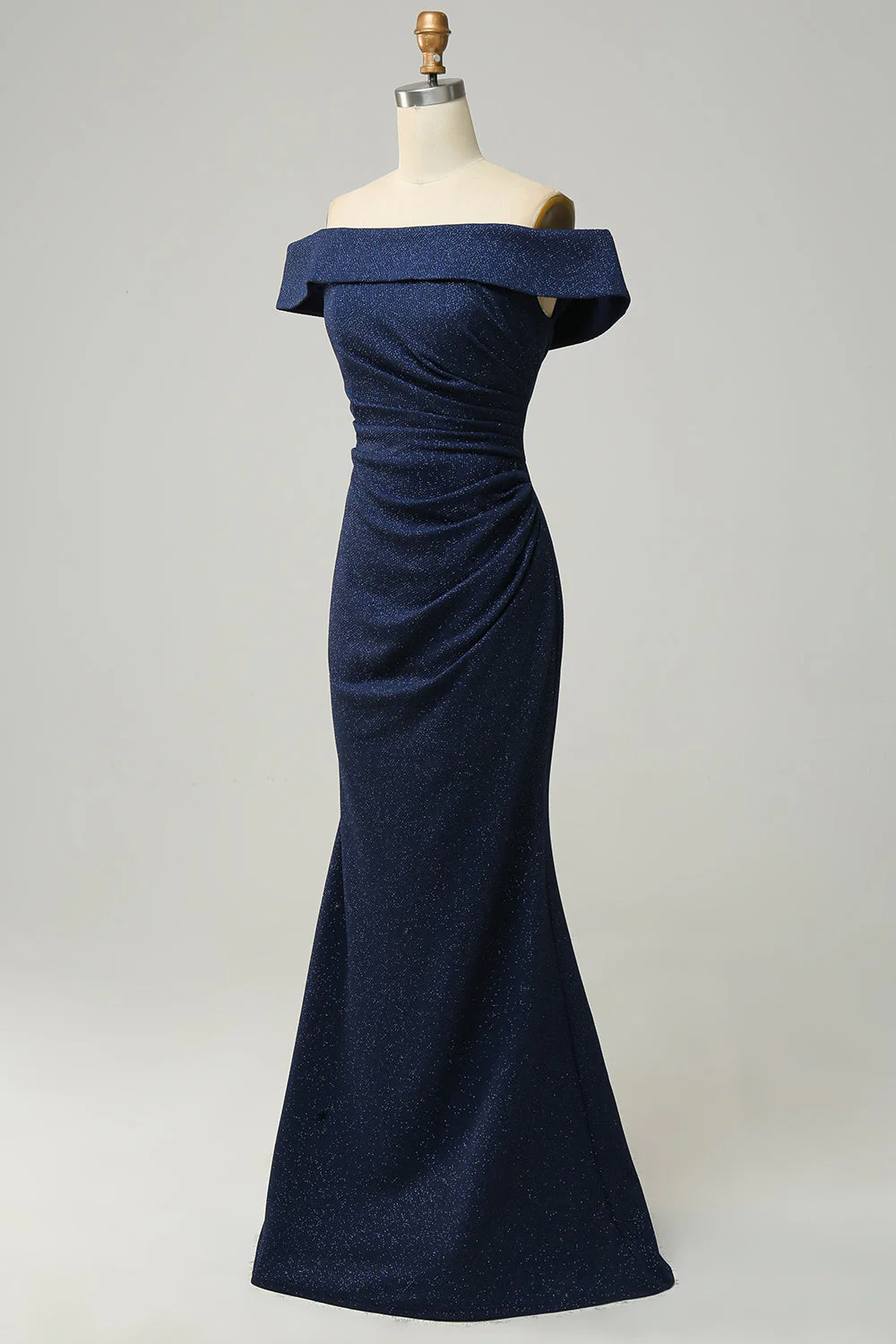 Navy Off The Shoulder Sparkly Sheath Long Bridesmaid Dress - Image 3