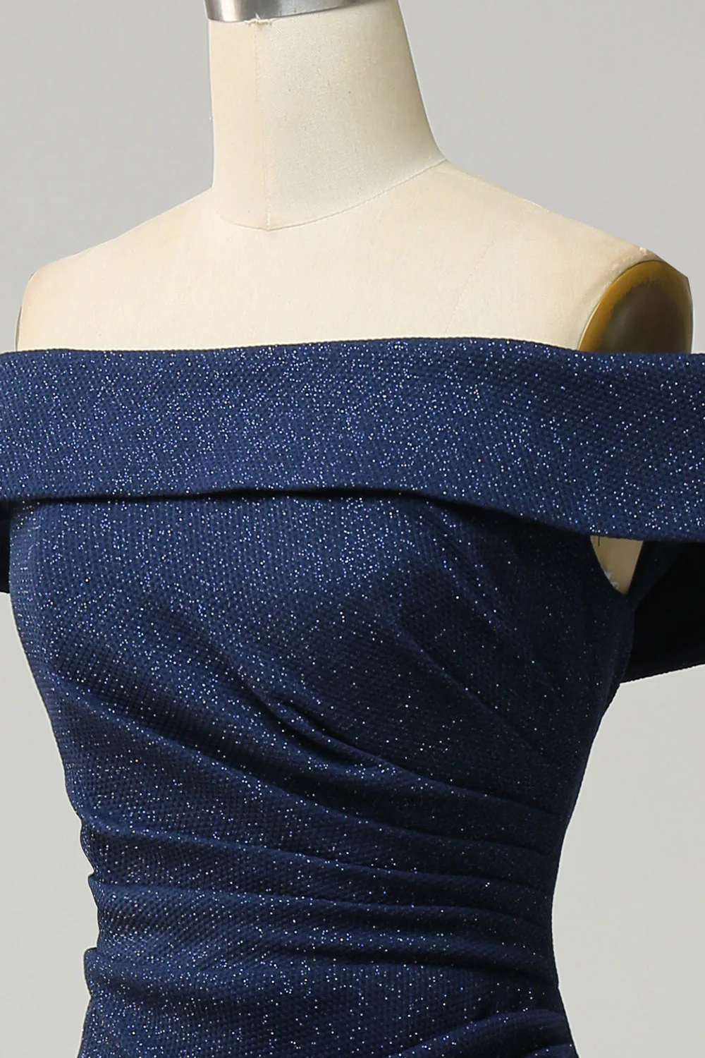 Navy Off The Shoulder Sparkly Sheath Long Bridesmaid Dress - Image 5