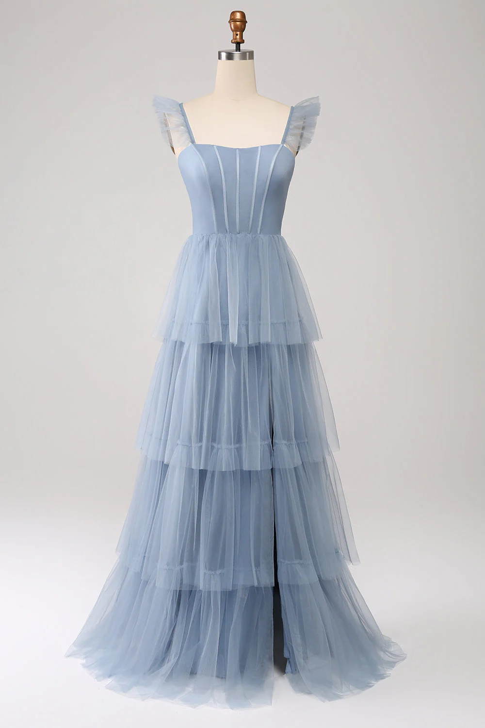 Navy Tulle A Line Tiered Corset Bridesmaid Dress with Slit - Image 13