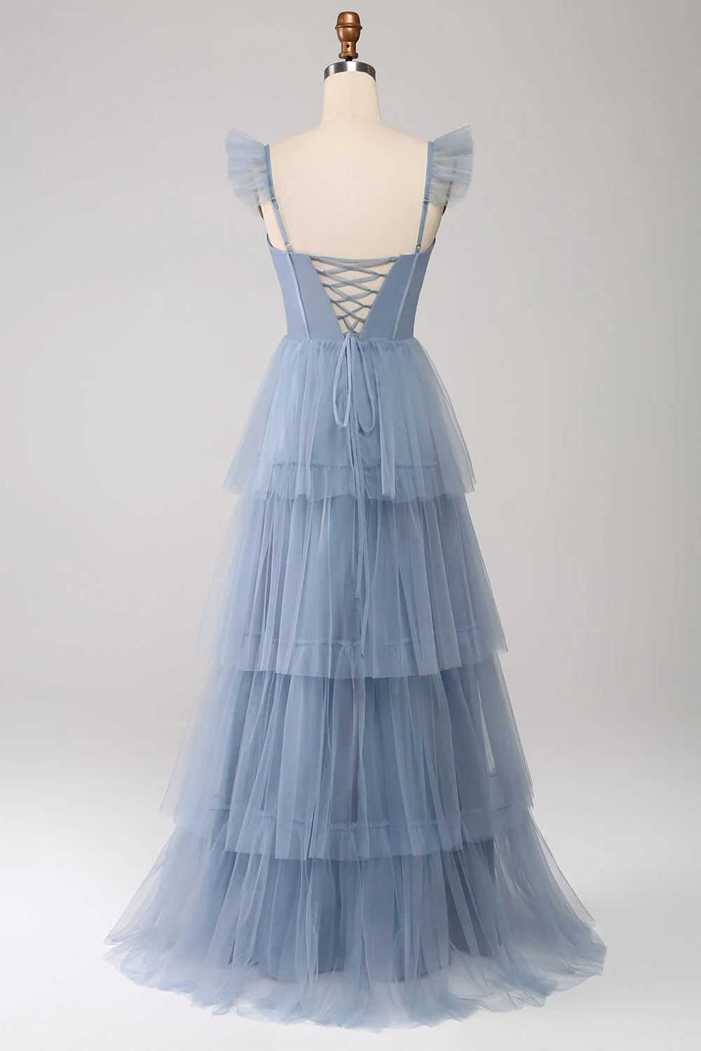 Navy Tulle A Line Tiered Corset Bridesmaid Dress with Slit - Image 14