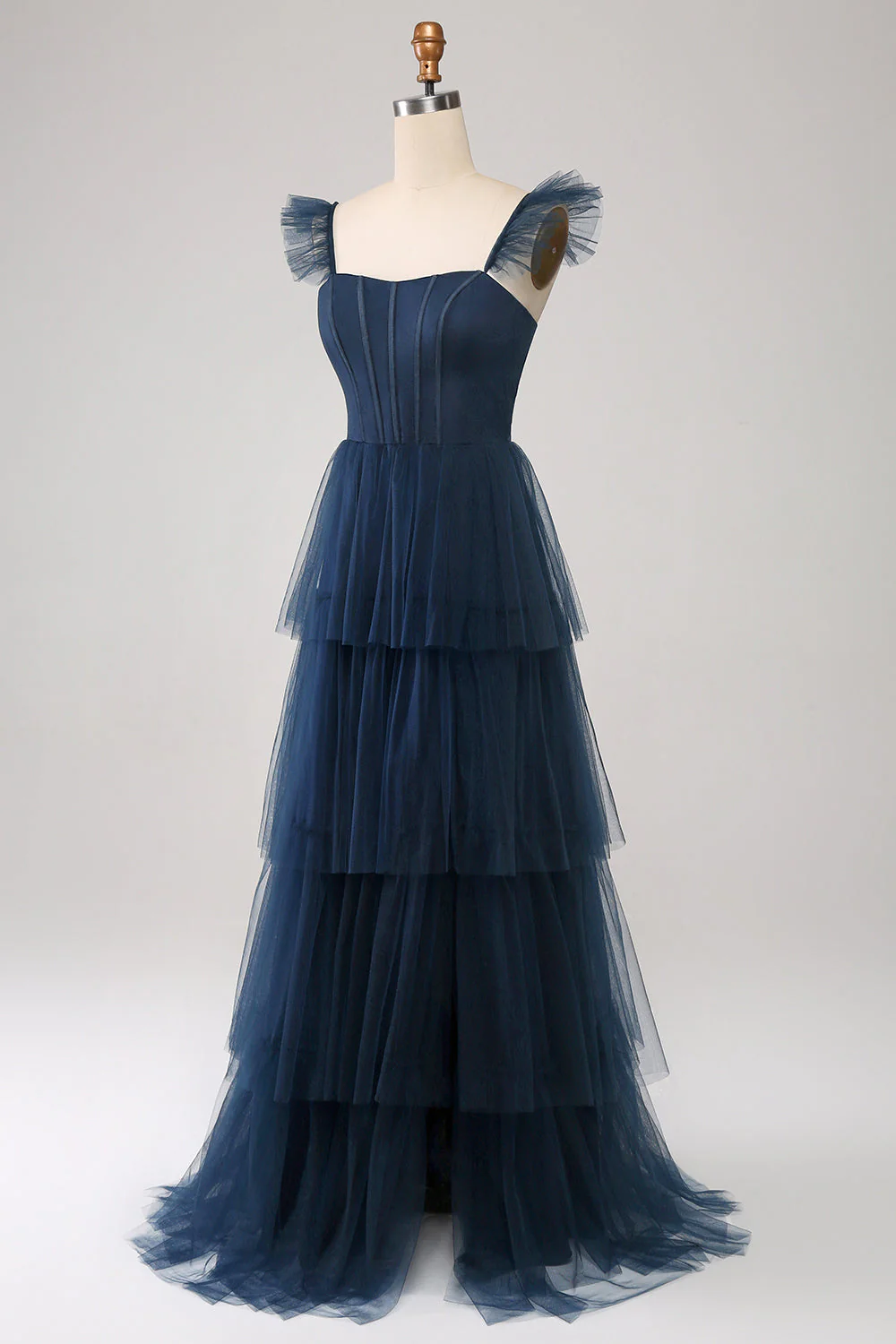 Navy Tulle A Line Tiered Corset Bridesmaid Dress with Slit - Image 5