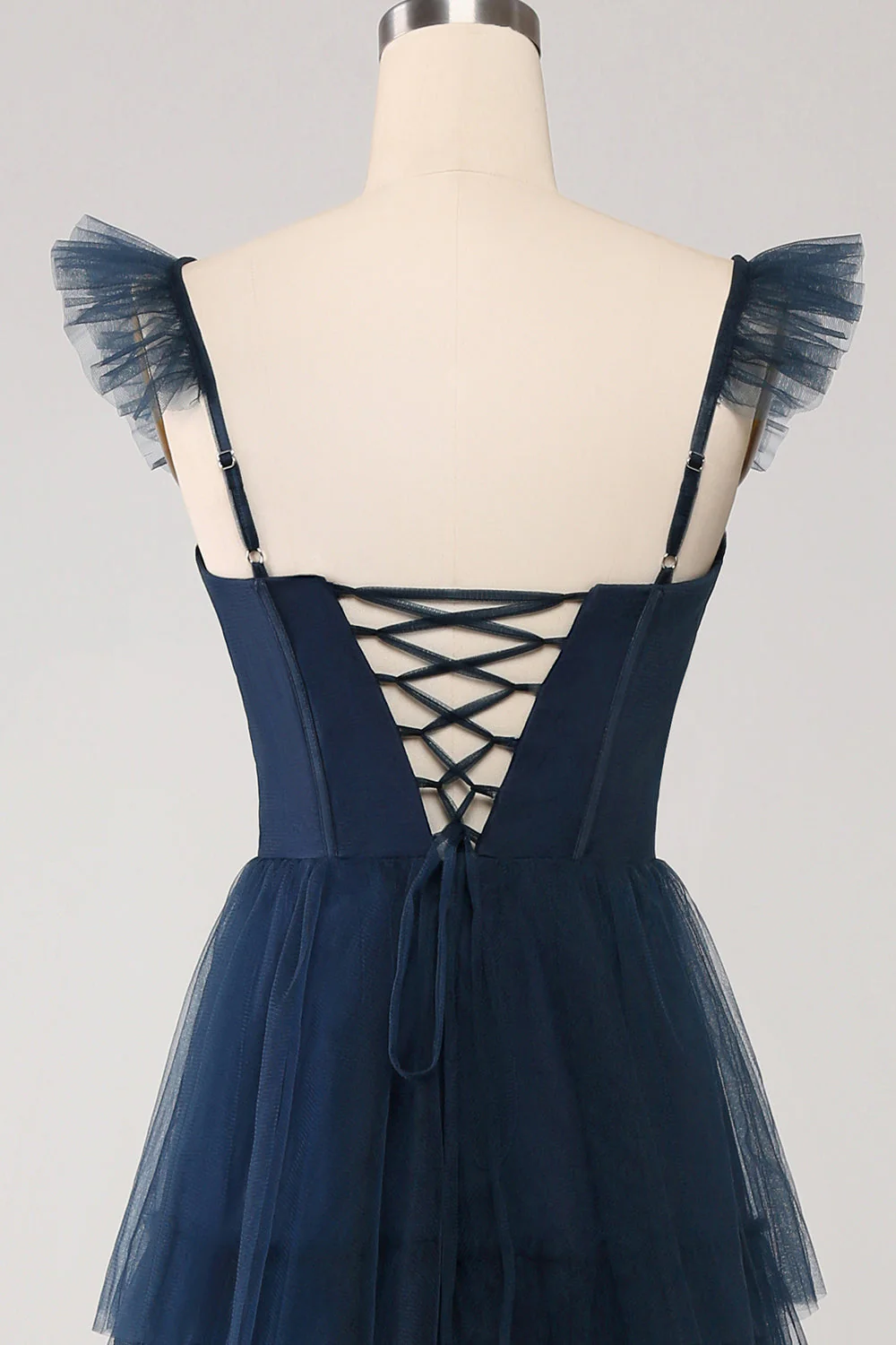 Navy Tulle A Line Tiered Corset Bridesmaid Dress with Slit - Image 7