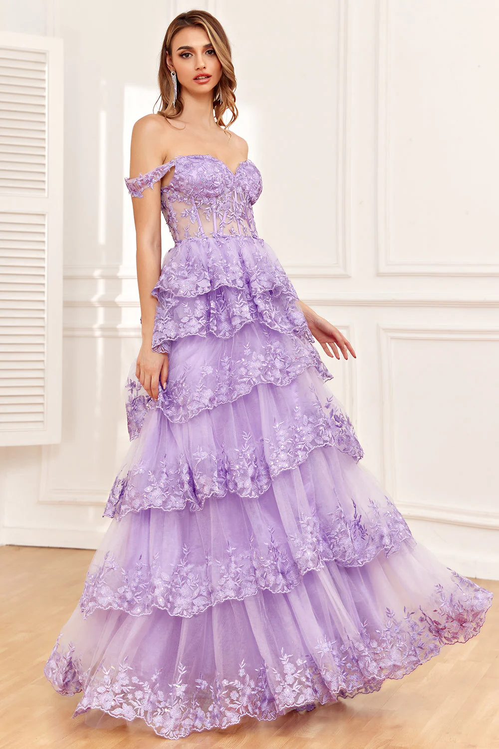 Princess A Line Off the Shoulder Black Pink Long Prom Dress with Tiered Lace - Image 12