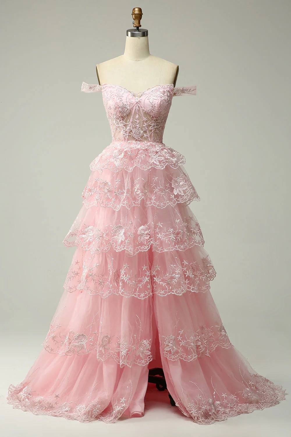 Princess A Line Off the Shoulder Black Pink Long Prom Dress with Tiered Lace - Image 8