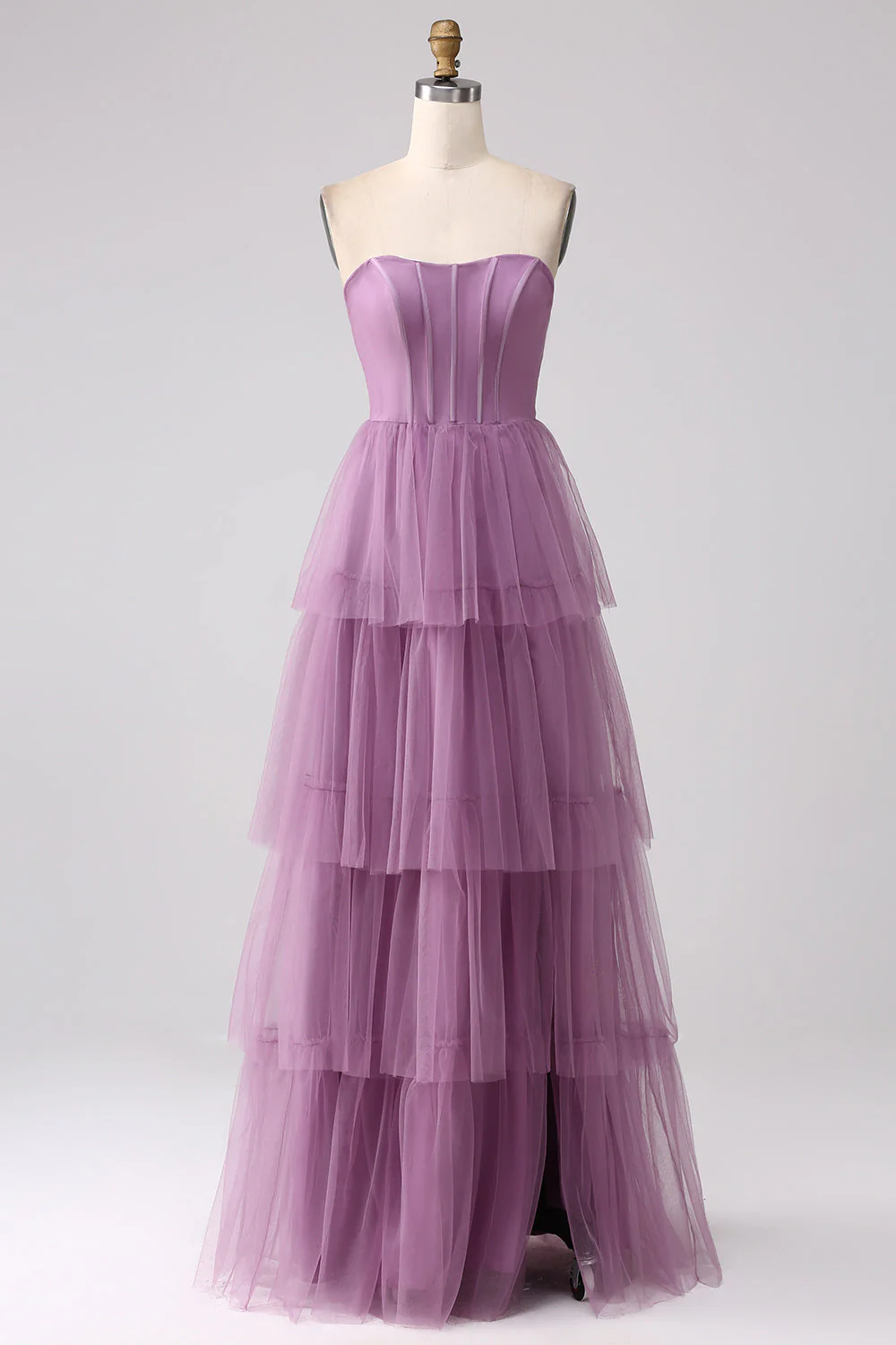 Purple A Line Tulle Tiered Pleated Long Prom Dress with Slit - Image 5
