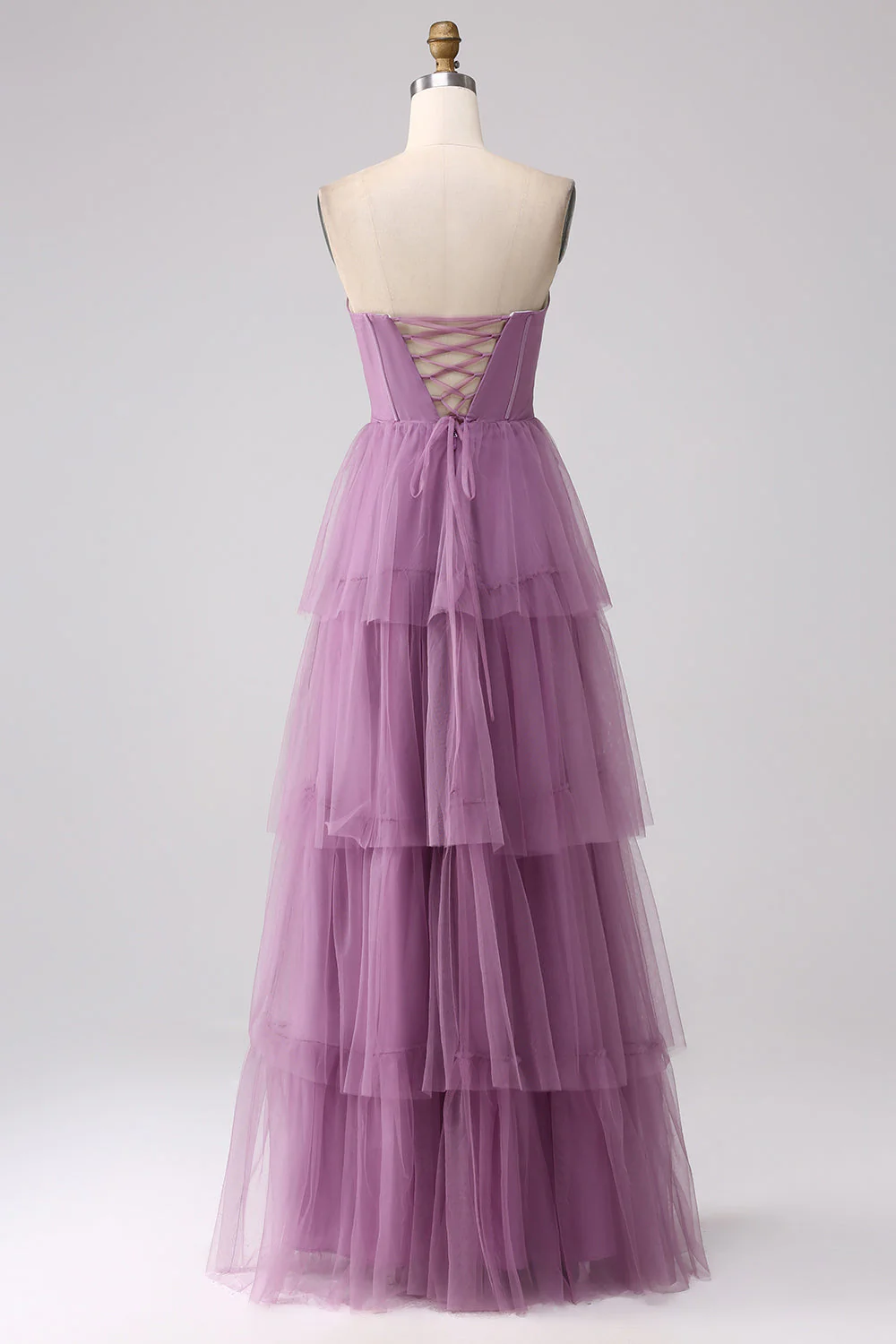 Purple A Line Tulle Tiered Pleated Long Prom Dress with Slit - Image 6