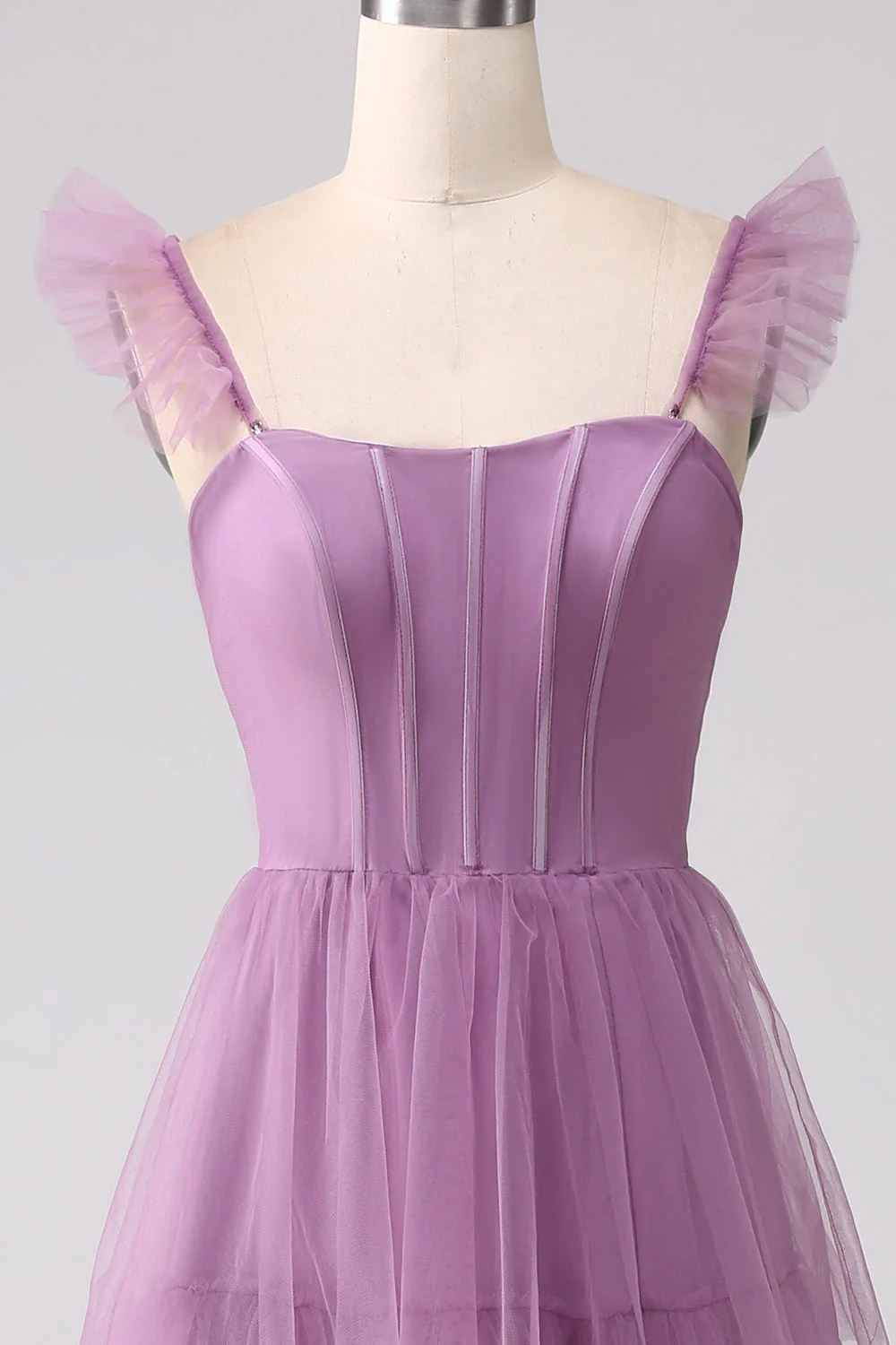Purple A Line Tulle Tiered Pleated Long Prom Dress with Slit - Image 7