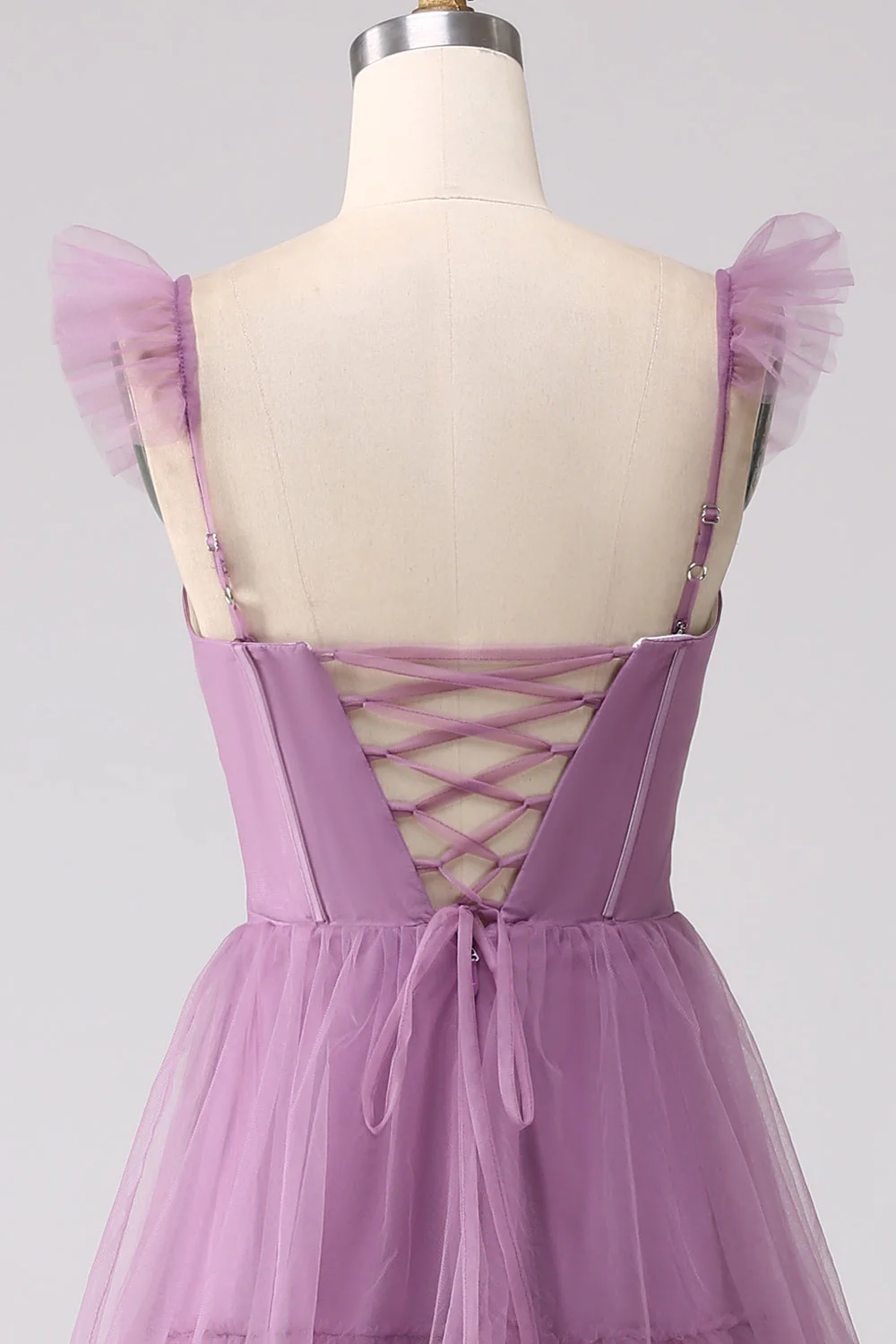 Purple A Line Tulle Tiered Pleated Long Prom Dress with Slit - Image 8