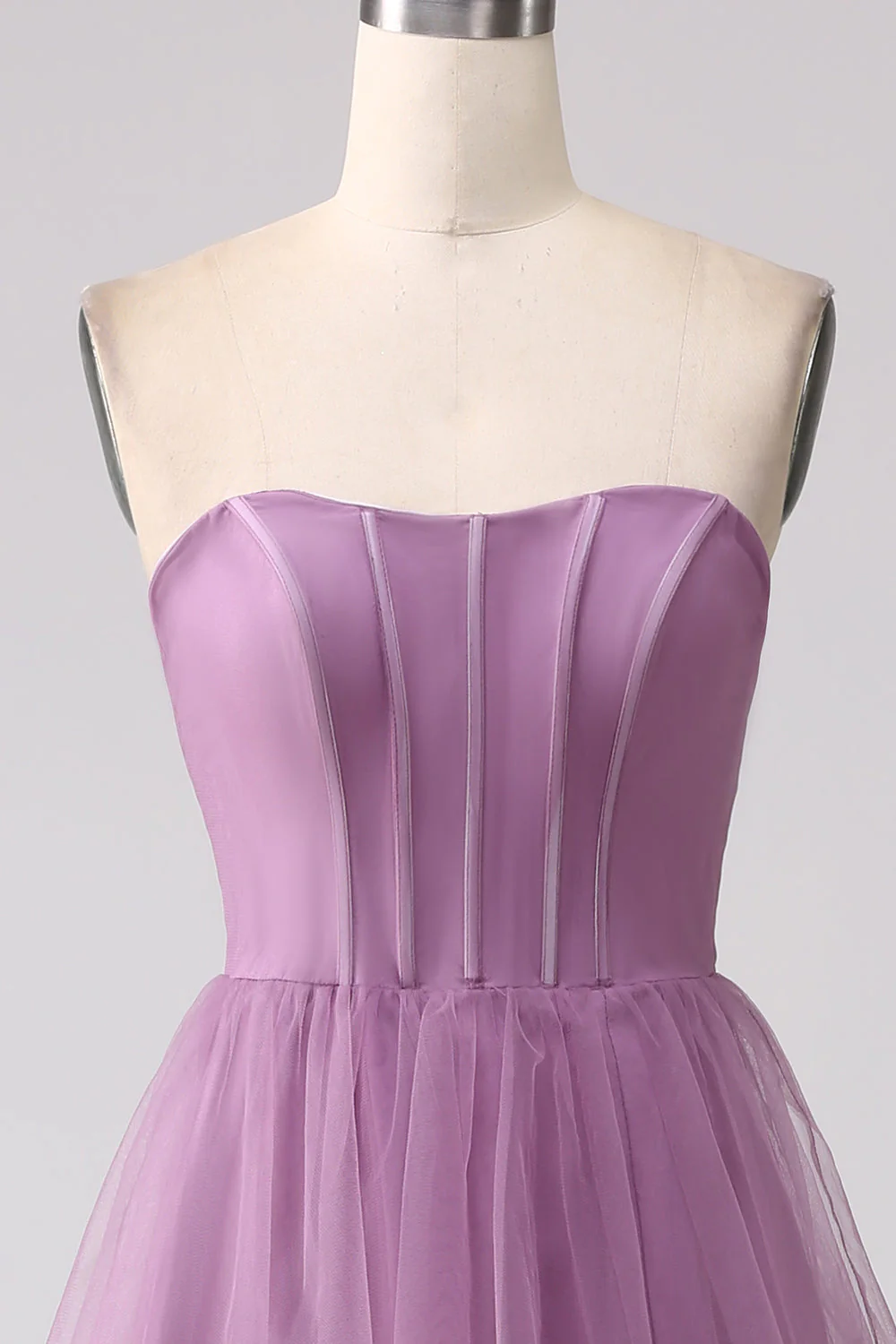 Purple A Line Tulle Tiered Pleated Long Prom Dress with Slit - Image 9